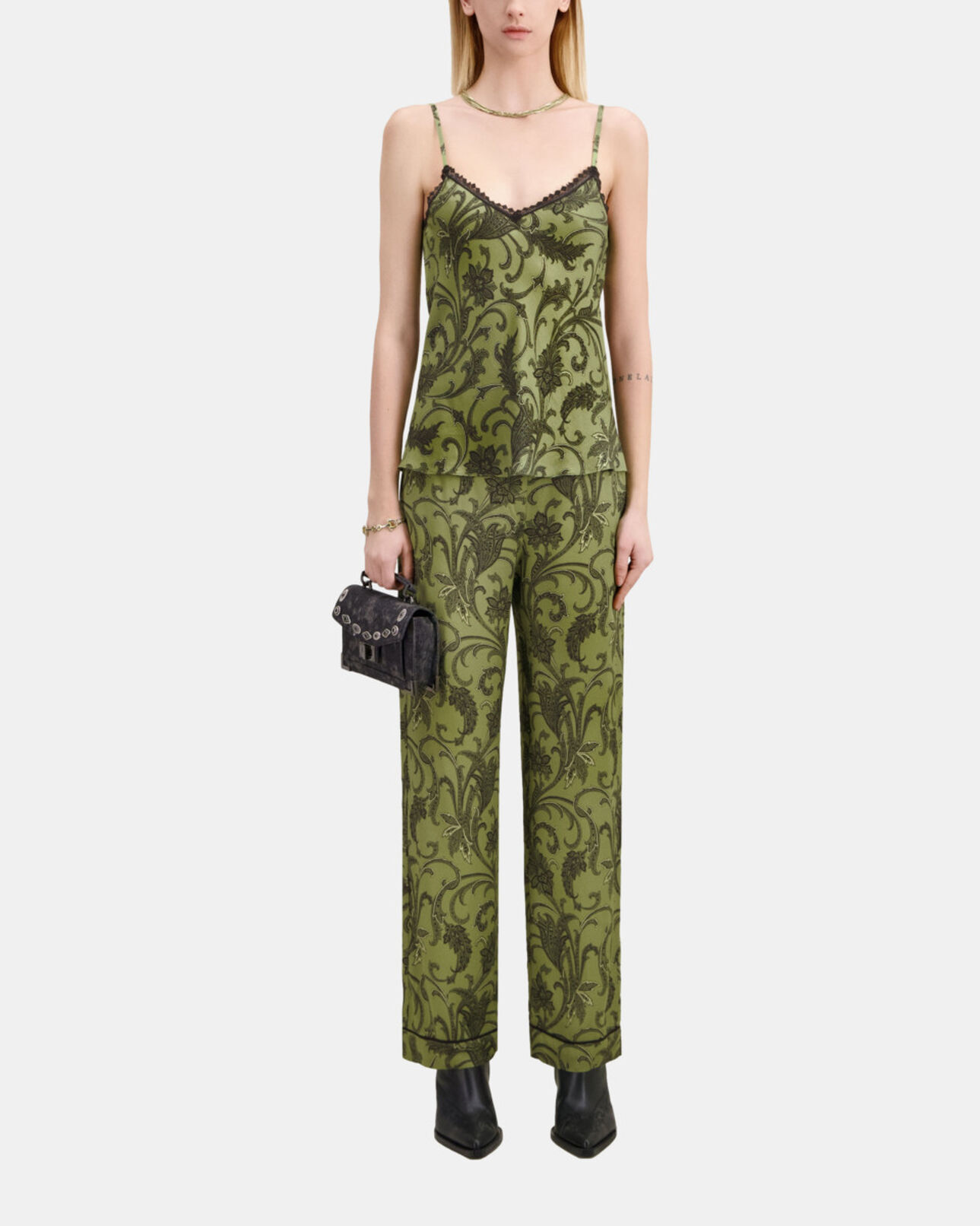 The Kooples WOMEN KAKI BLACK printed camisole with lace
