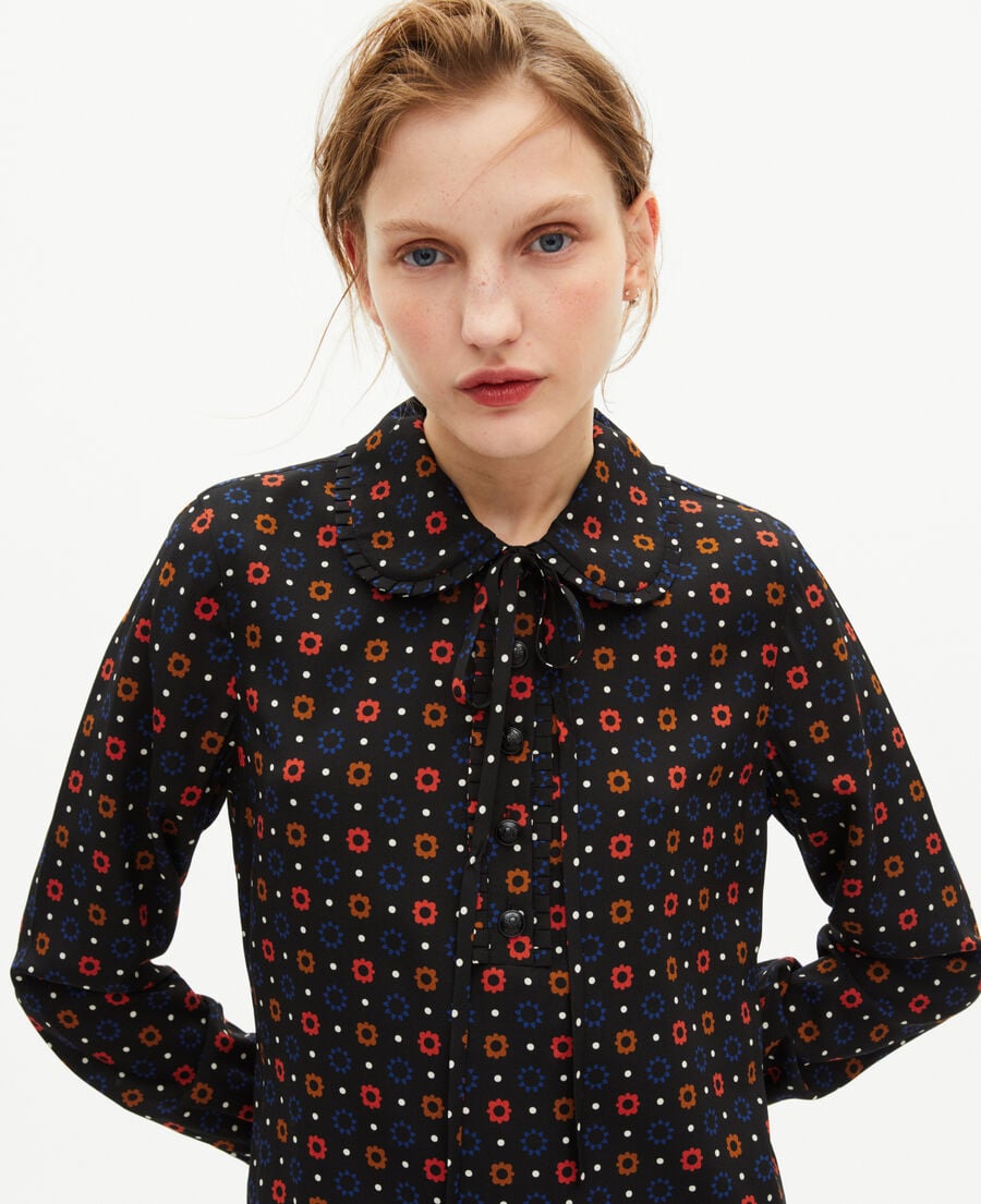 The Kooples WOMEN BLACK MELANGE black silk blend polka dot and floral print short dress