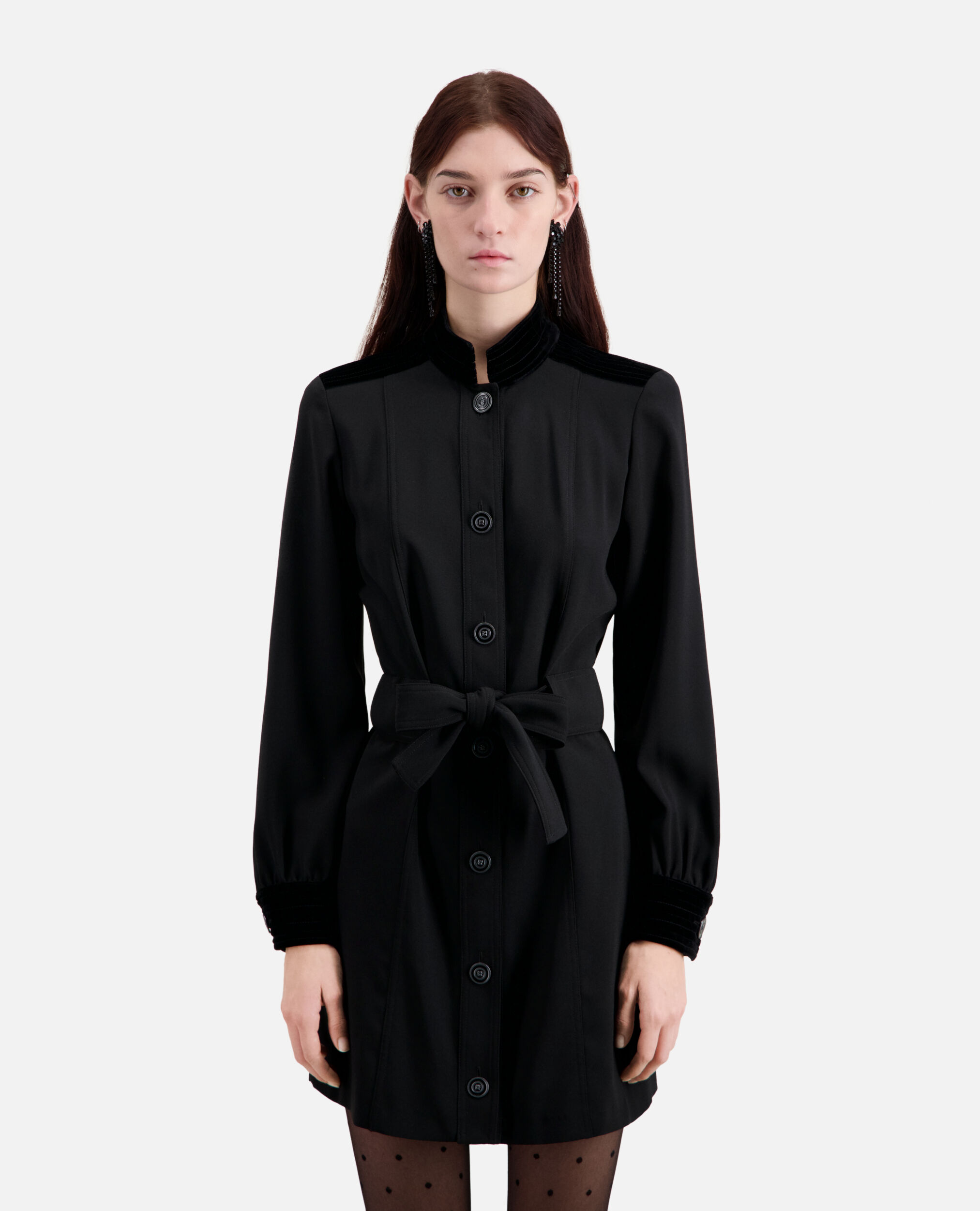 Short black crepe dress with velvet details, BLACK, hi-res image number null