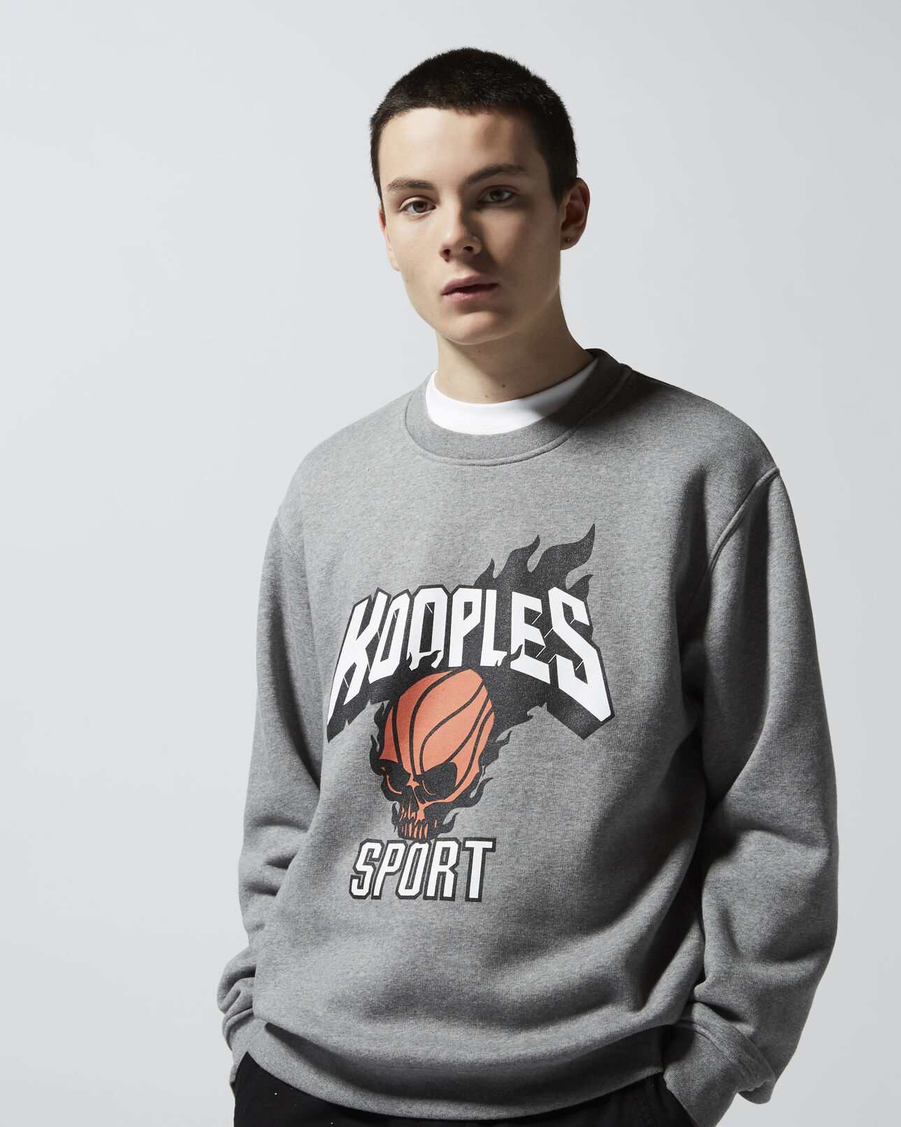 The Kooples MEN MIDDLE GREY MELANGE loose grey sweatshirt w/print and breast logo