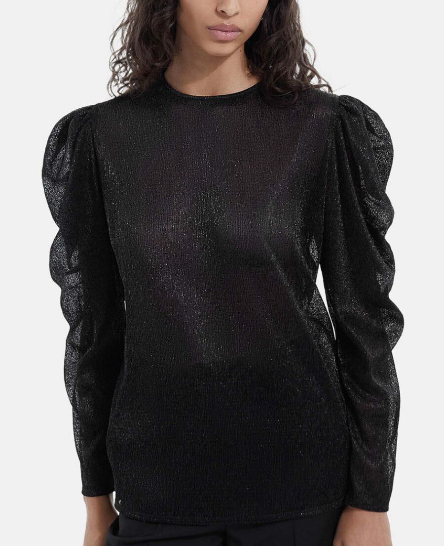 flowing black top with puffed sleeves