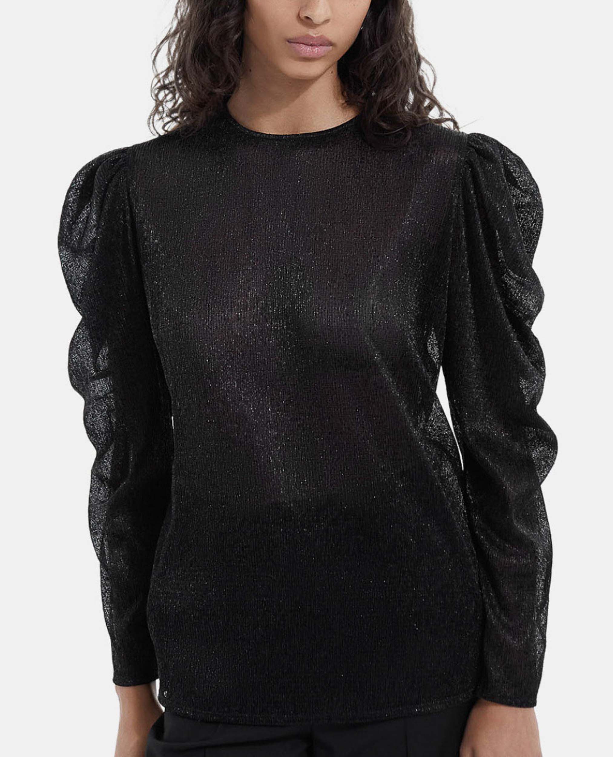 Flowing black top with puffed sleeves, BLACK, hi-res image number null