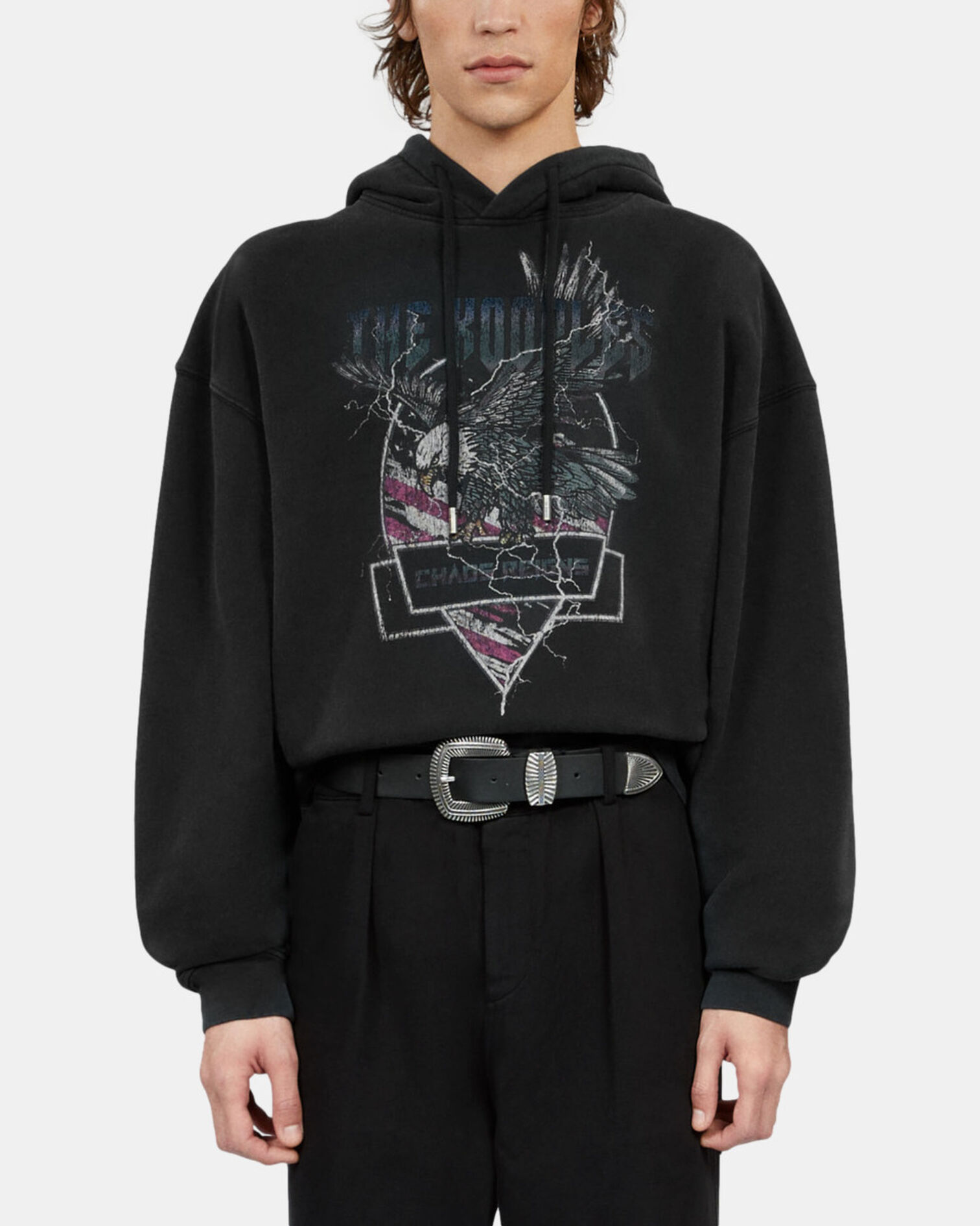 Black hoodie with Chaos eagle serigraphy, BLACK WASHED, hi-res image number null