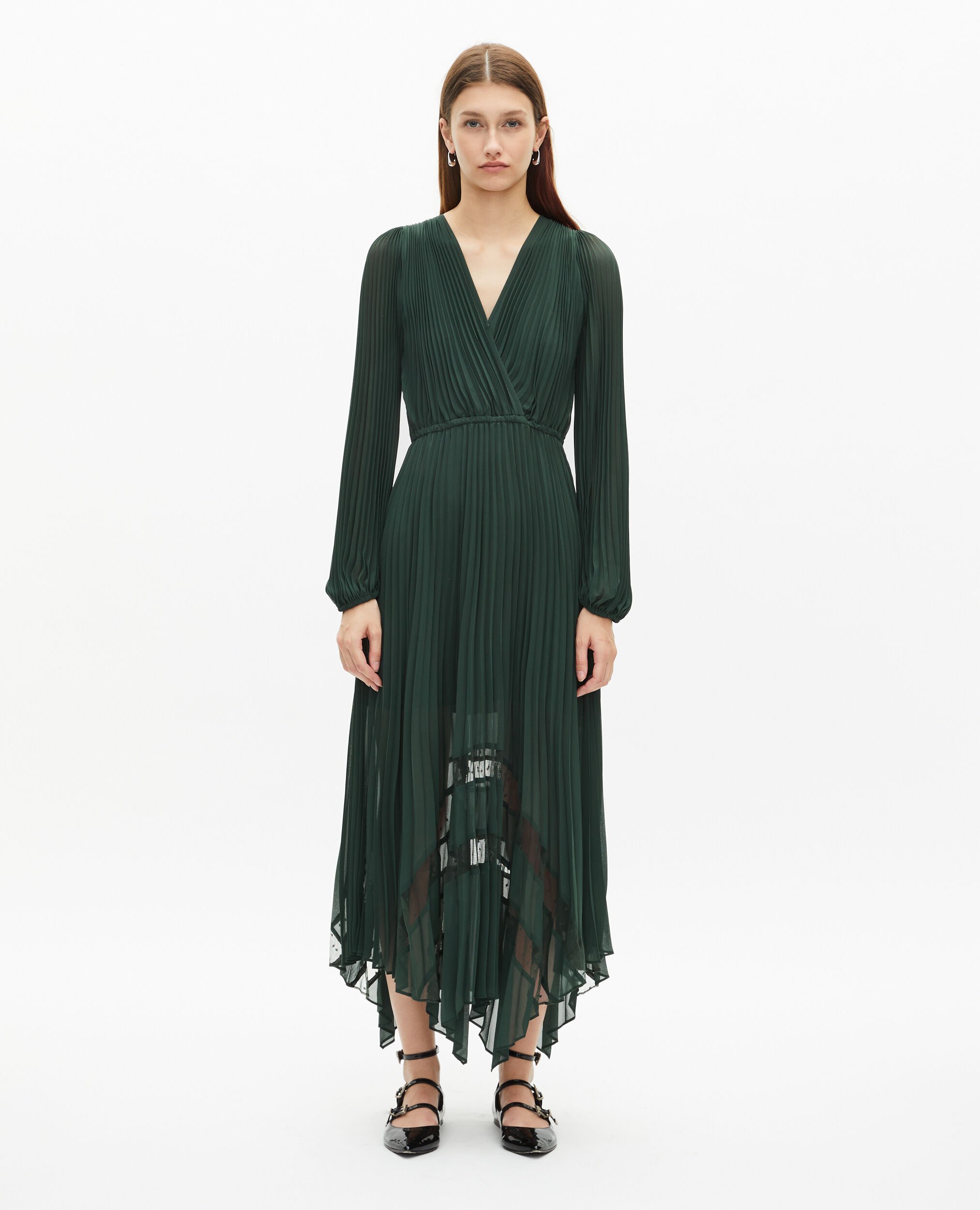 Green pleated long dress, WOOD KAKI, hi-res image number null