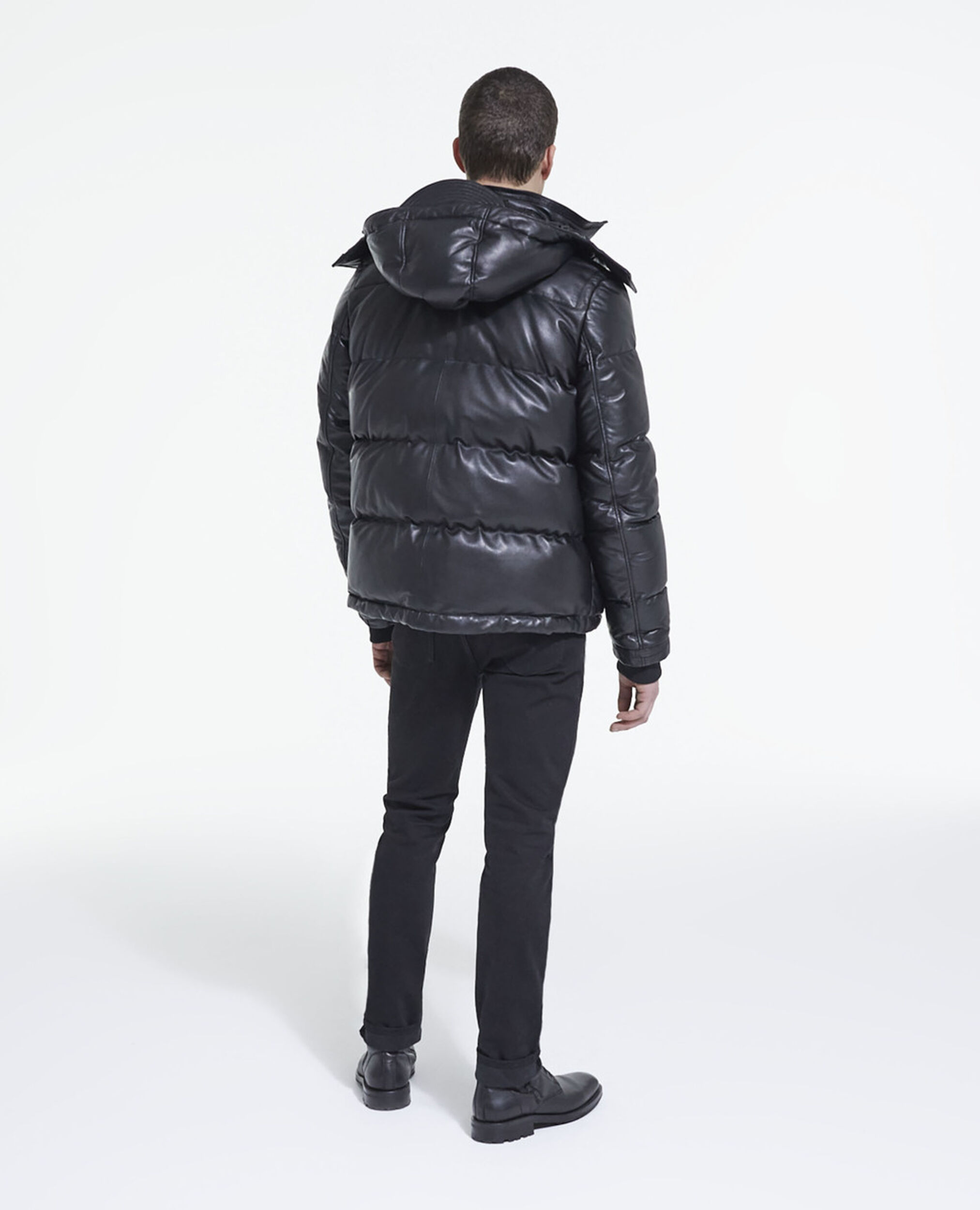 Black leather down jacket with straps, BLACK, hi-res image number null