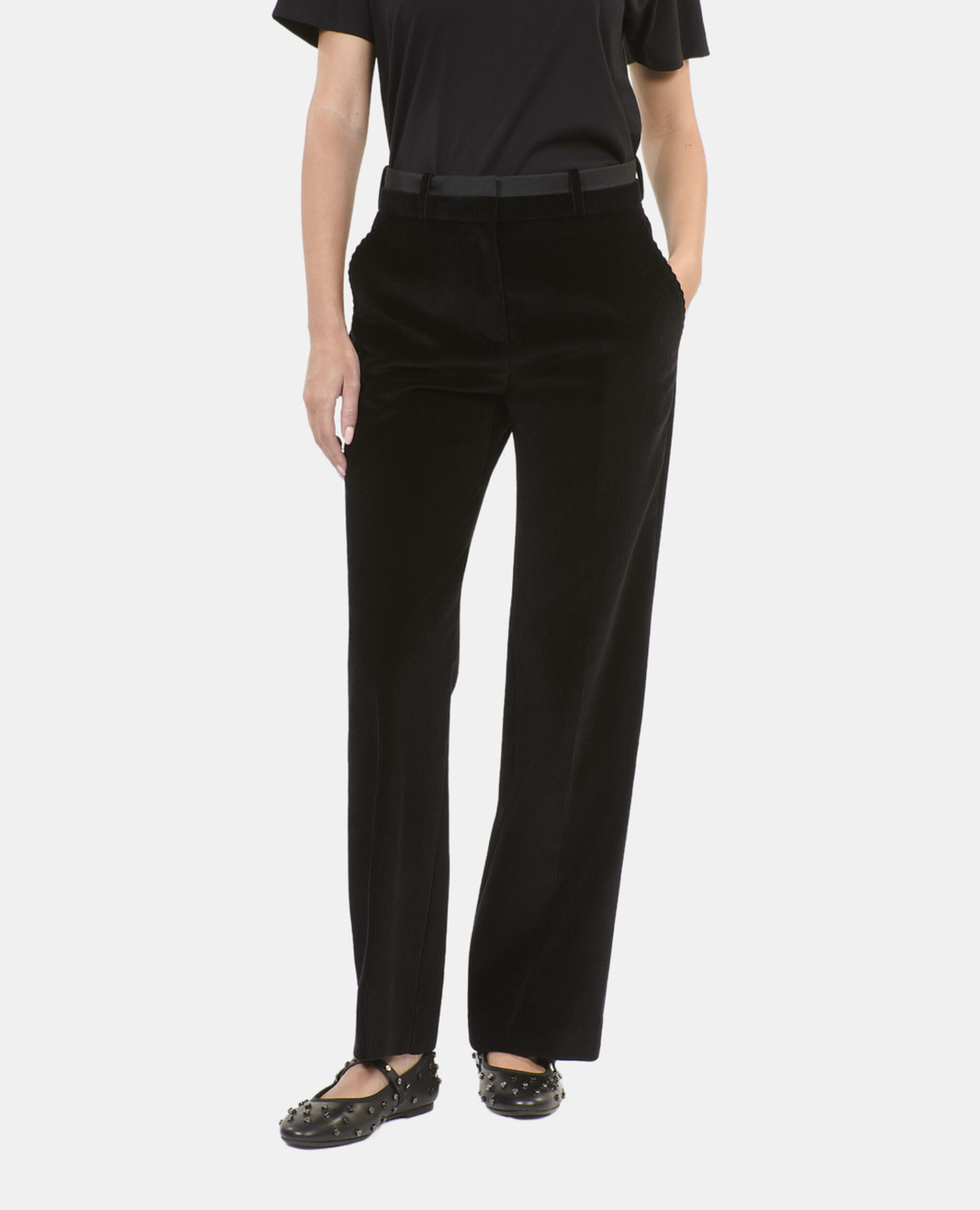 Black corduroy straight-leg tailored pants, BLACK, hi-res image number null