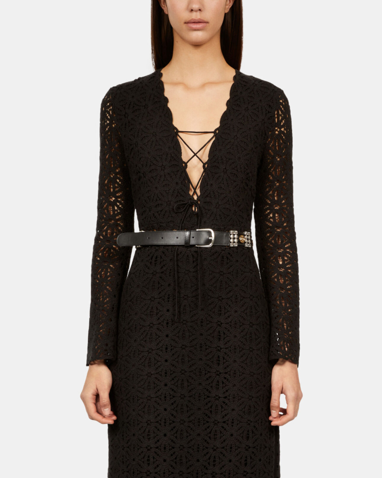 The Kooples WOMEN BLACK thin black leather belt with embellishments