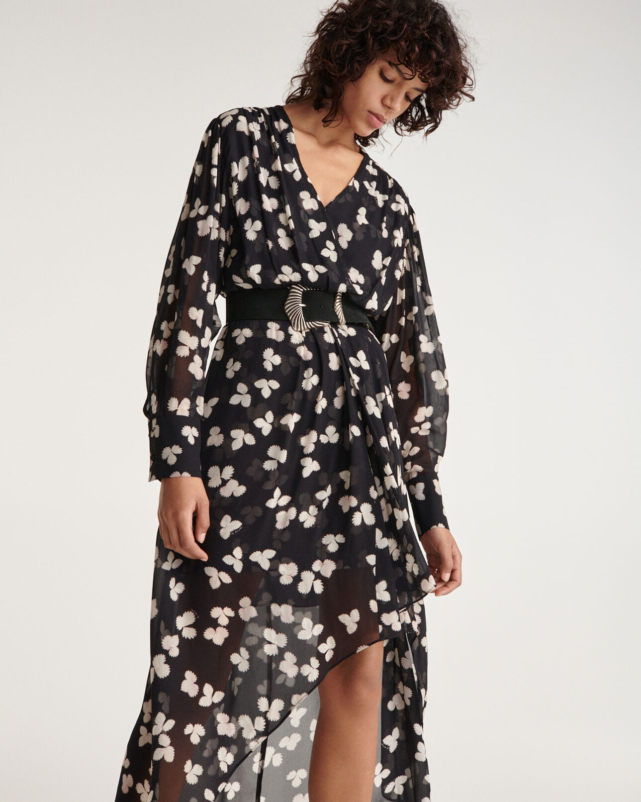 The Kooples MUJER BLACK-ECRU vestido largo negro floral asimétrico