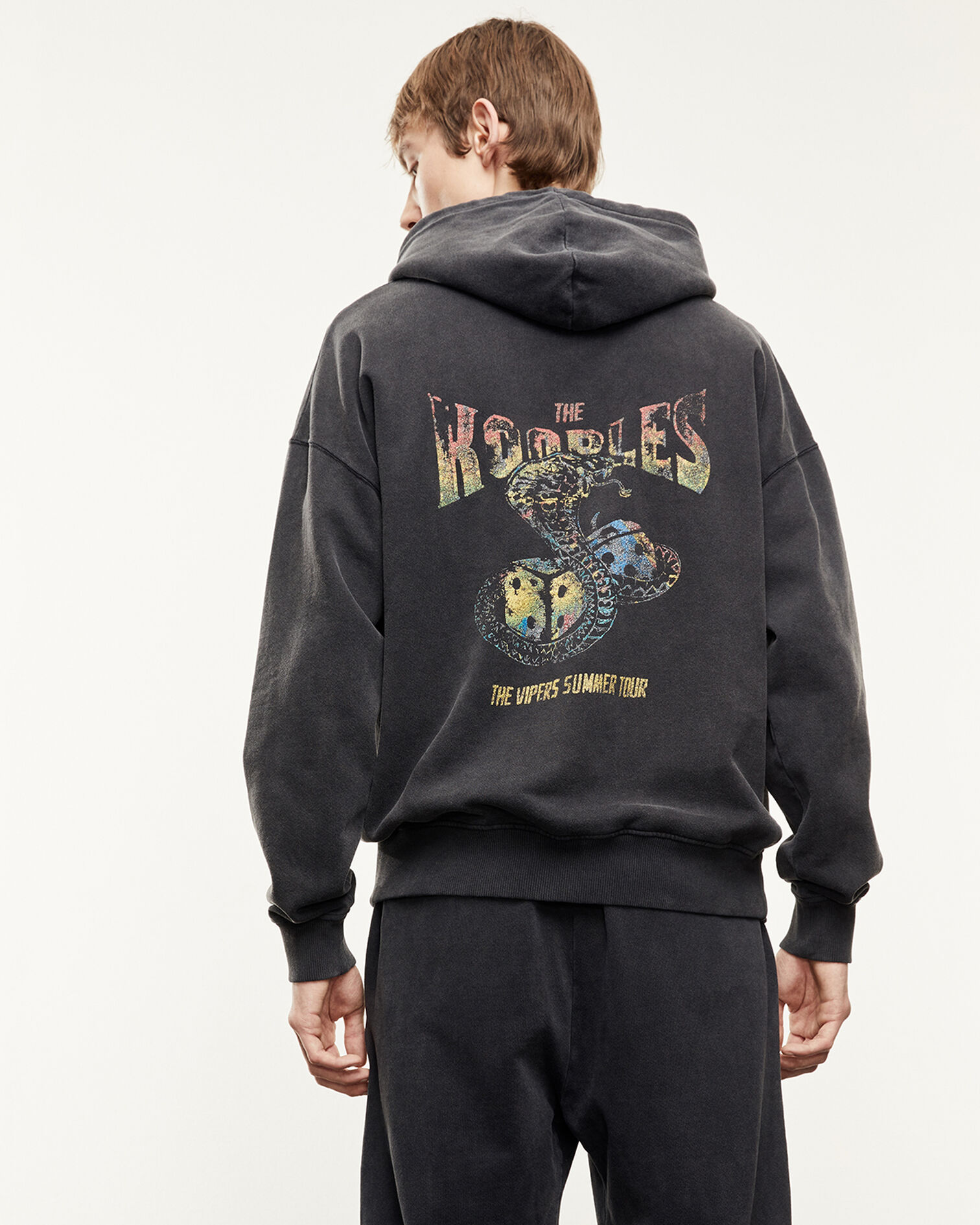 Dark gray sweatshirt with hood and print, BLACK WASHED, hi-res image number null