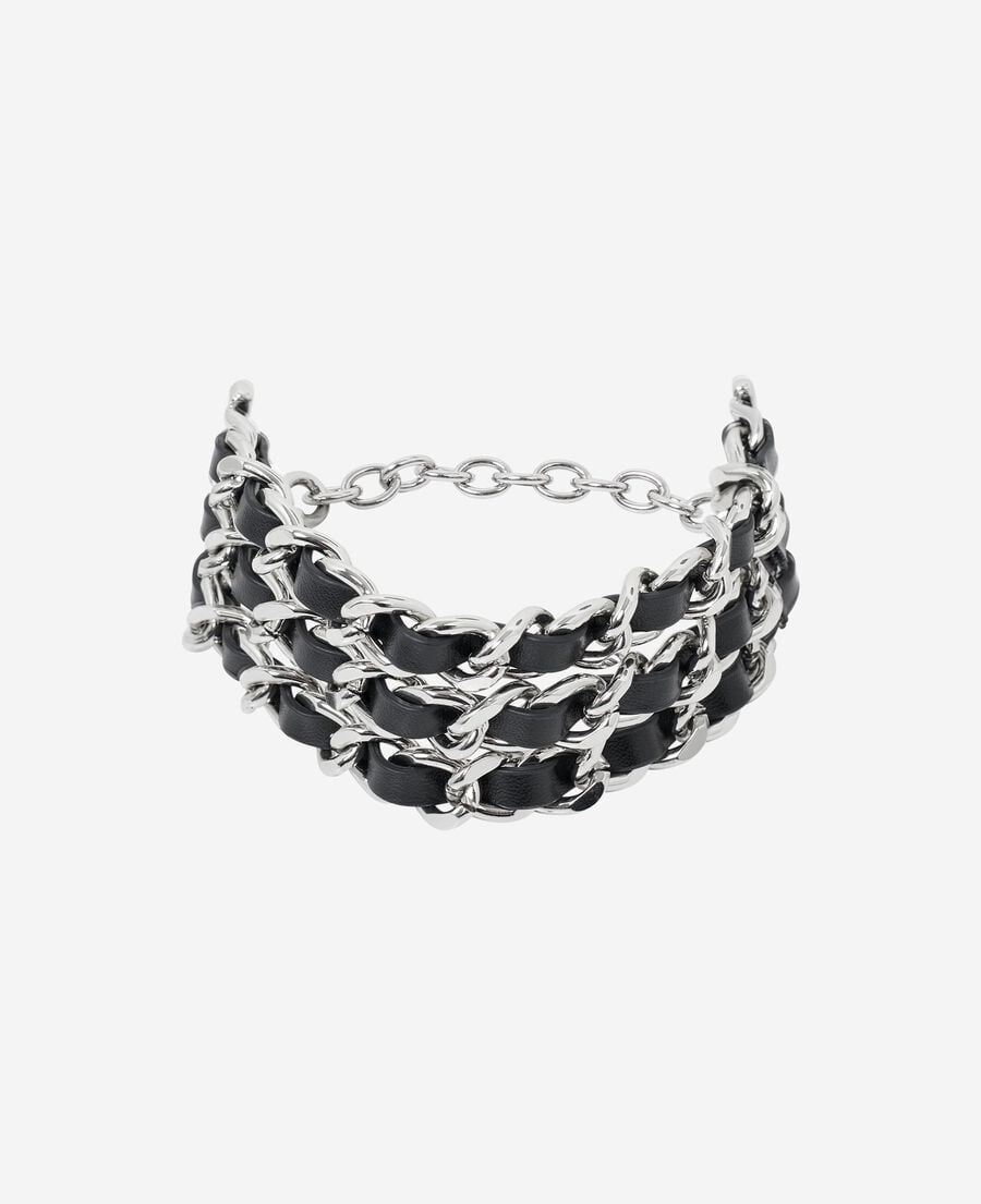 The Kooples DAMEN BLACK SILVER armband mit leder- und silberketten