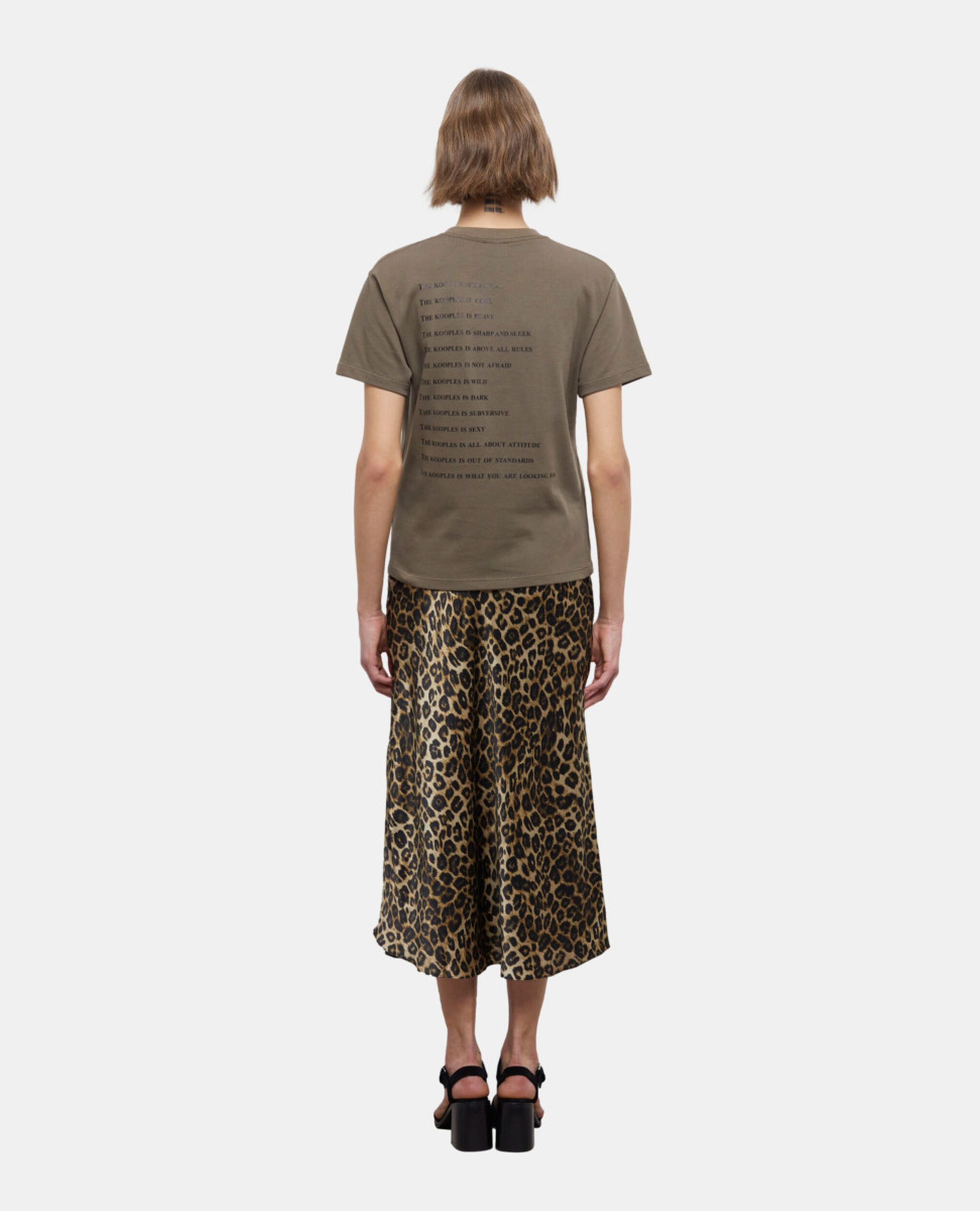 Khakifarbenes T-Shirt Damen mit Leopardenmuster und "What is"-Schriftzug, ALGUE, hi-res image number null