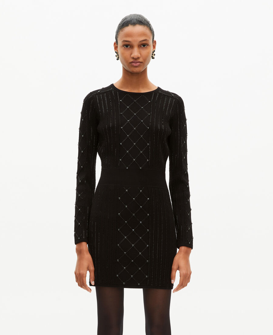 The Kooples FEMME BLACK robe courte en maille avec strass et perles noire