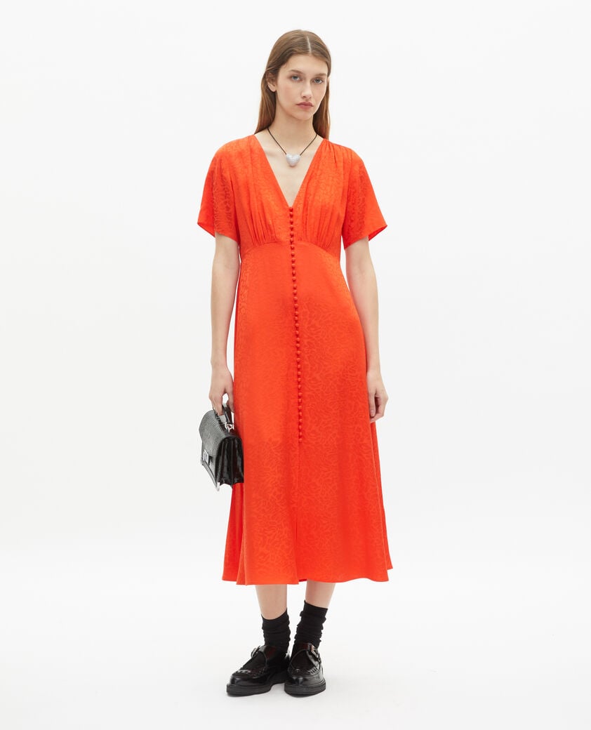 The Kooples FEMME ORANGE RED robe longue en jacquard motif léopard orange