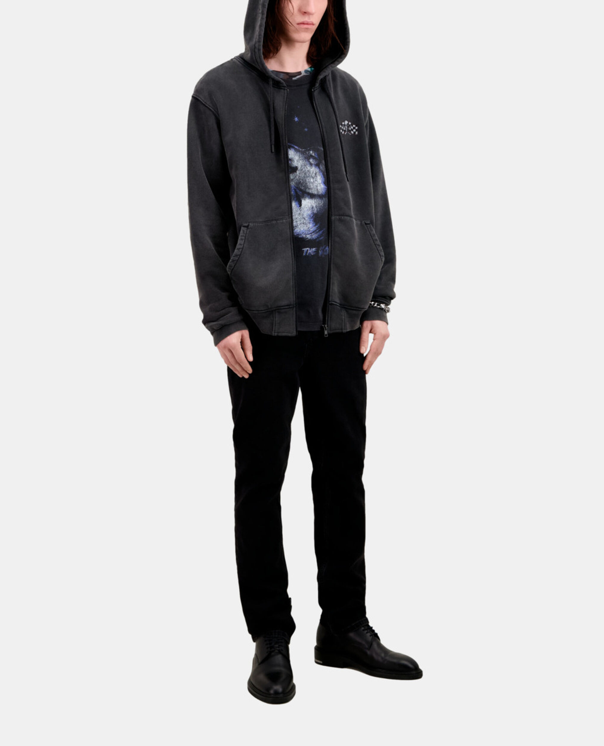 Herren Schwarzes Kapuzensweatshirt mit Siebdruck, BLACK WASHED, hi-res image number null