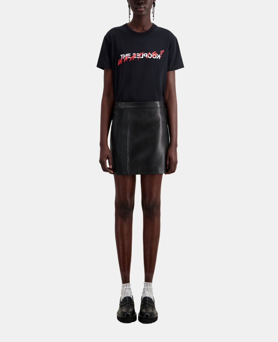 The Kooples WOMEN BLACK short black leather skirt with zip and pintuck details