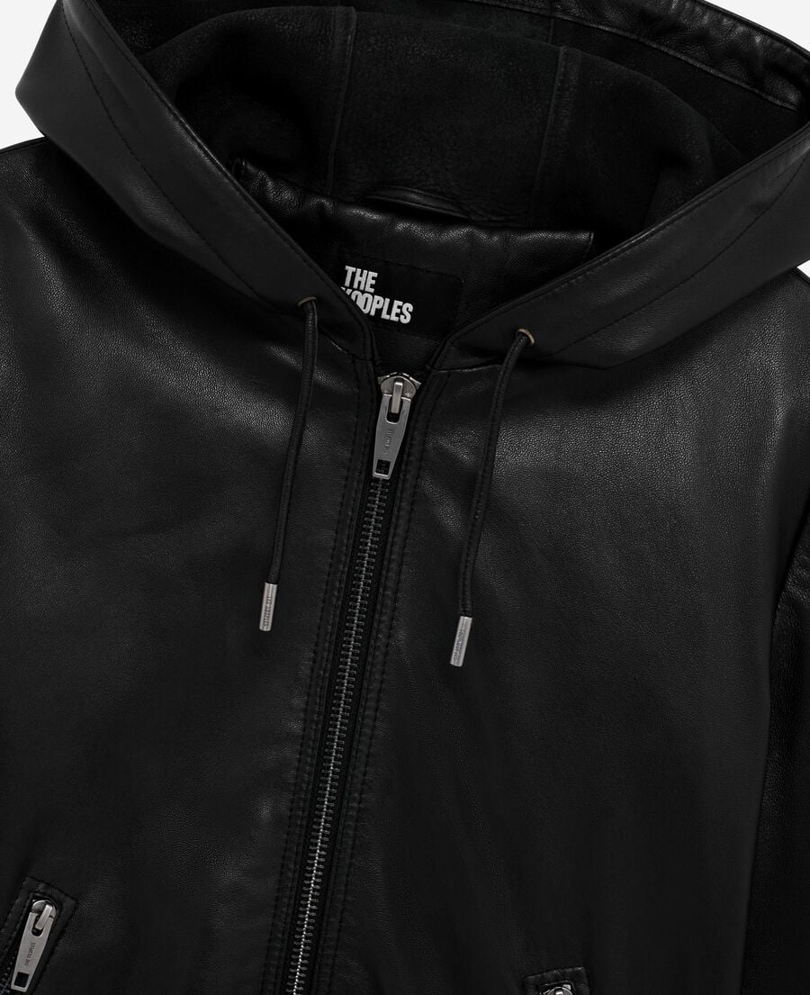 The Kooples FEMME BLACK blouson à capuche en cuir noir