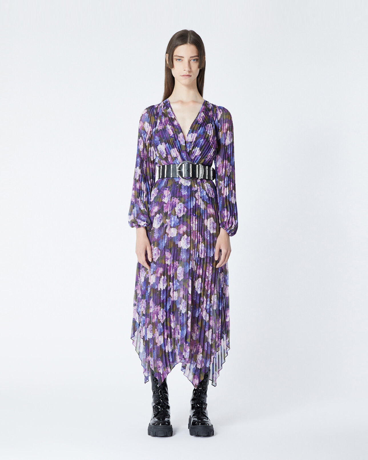 The Kooples DAMEN MULTICOLOR plissiertes langes kleid mit lila print