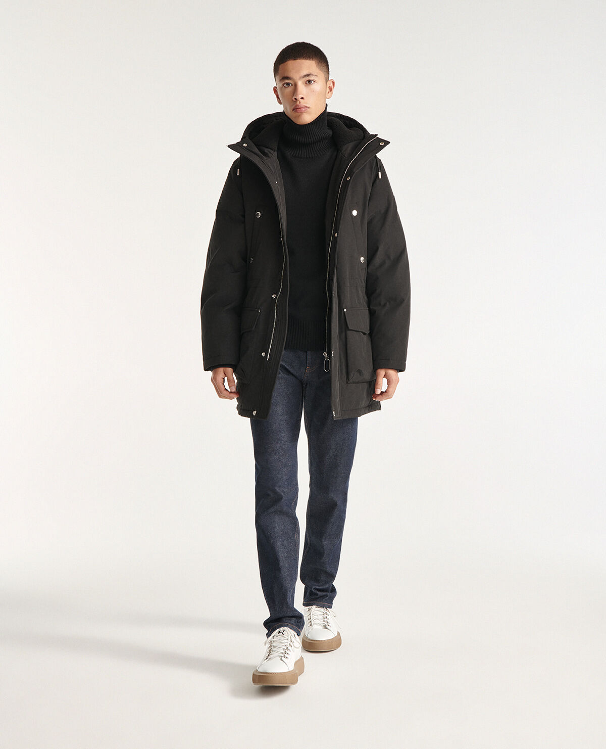 Hooded black parka and rubber logo pockets The Kooples