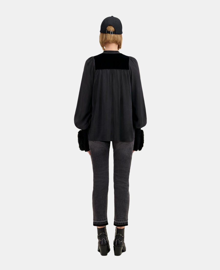 The Kooples WOMEN BLACK black silk top with velvet details
