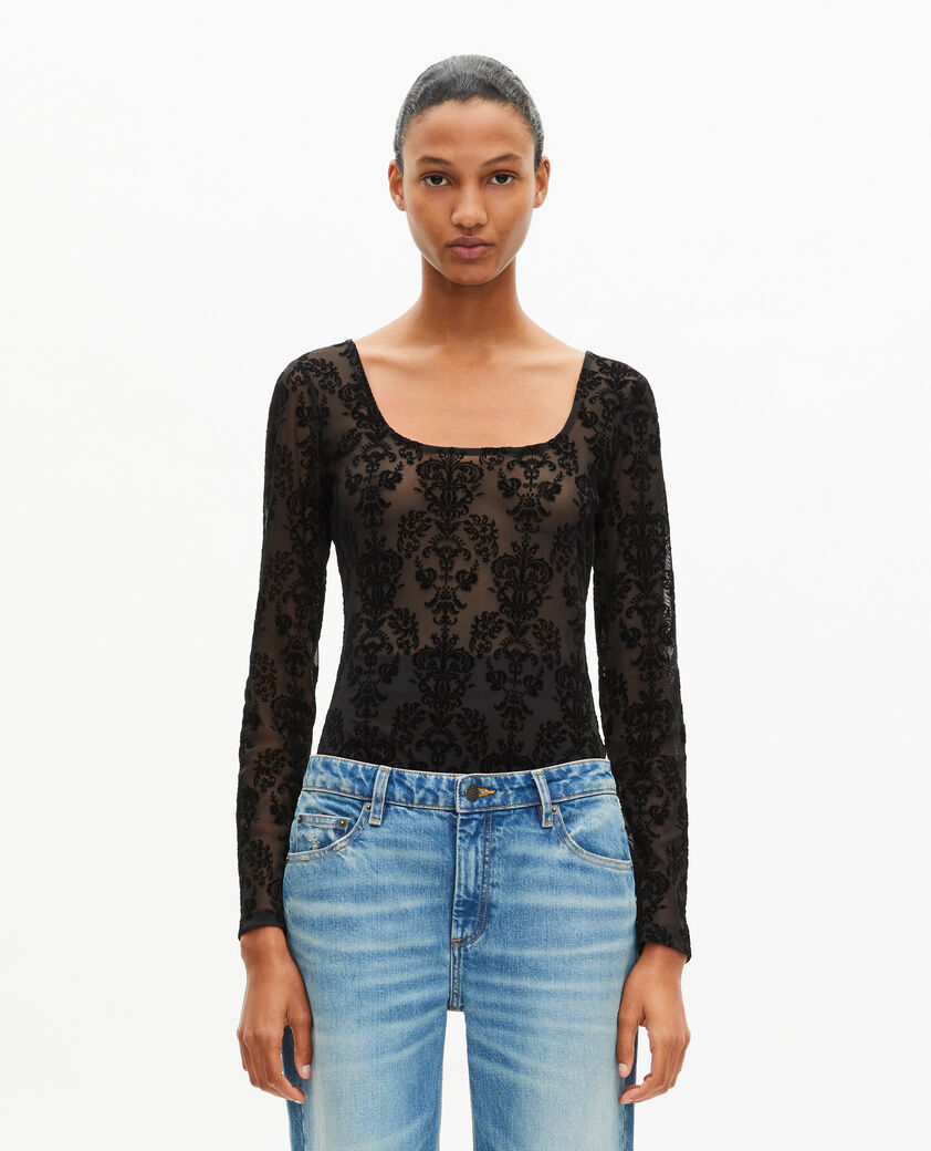 The Kooples WOMEN BLACK mesh bodysuit with black flocking