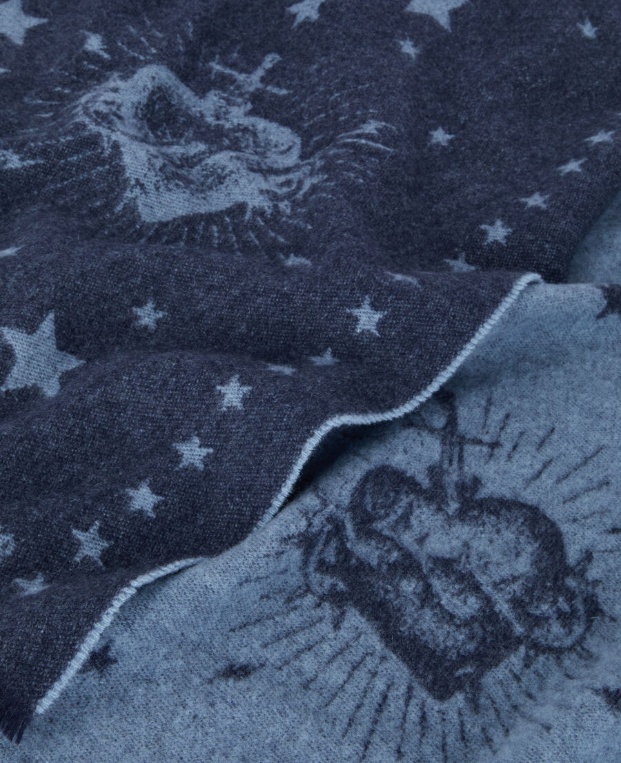blue wool scarf with hearts and stars