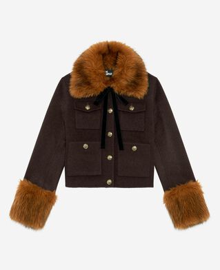 The Kooples FEMME CHOCOLATE blouson court en laine col sherpa marron