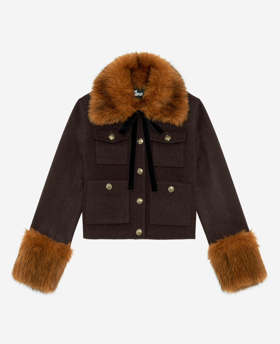 The Kooples FEMME CHOCOLATE blouson court en laine col sherpa marron