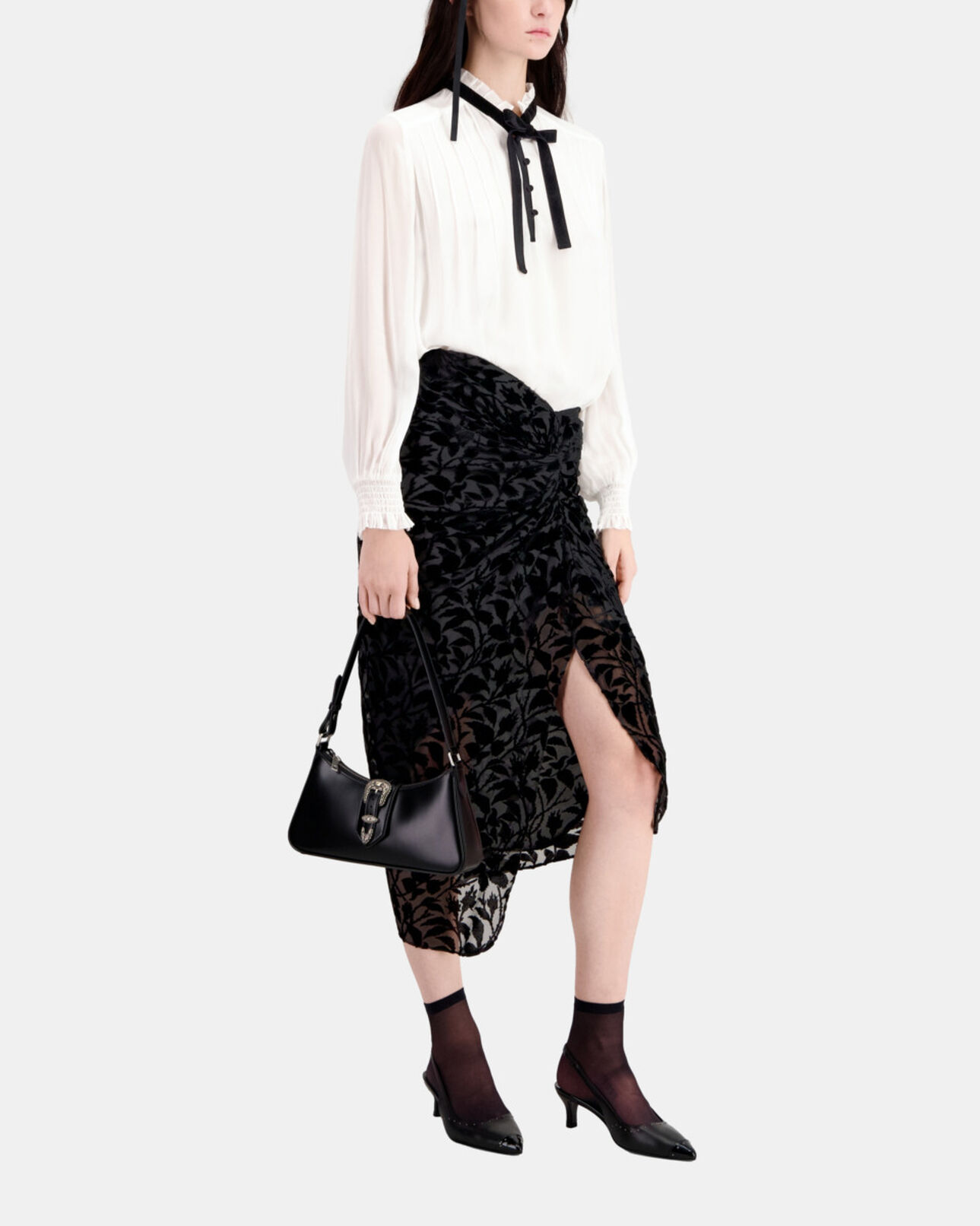 The Kooples DAMEN BLACK halblanger schwarzer rock aus devoré-samt