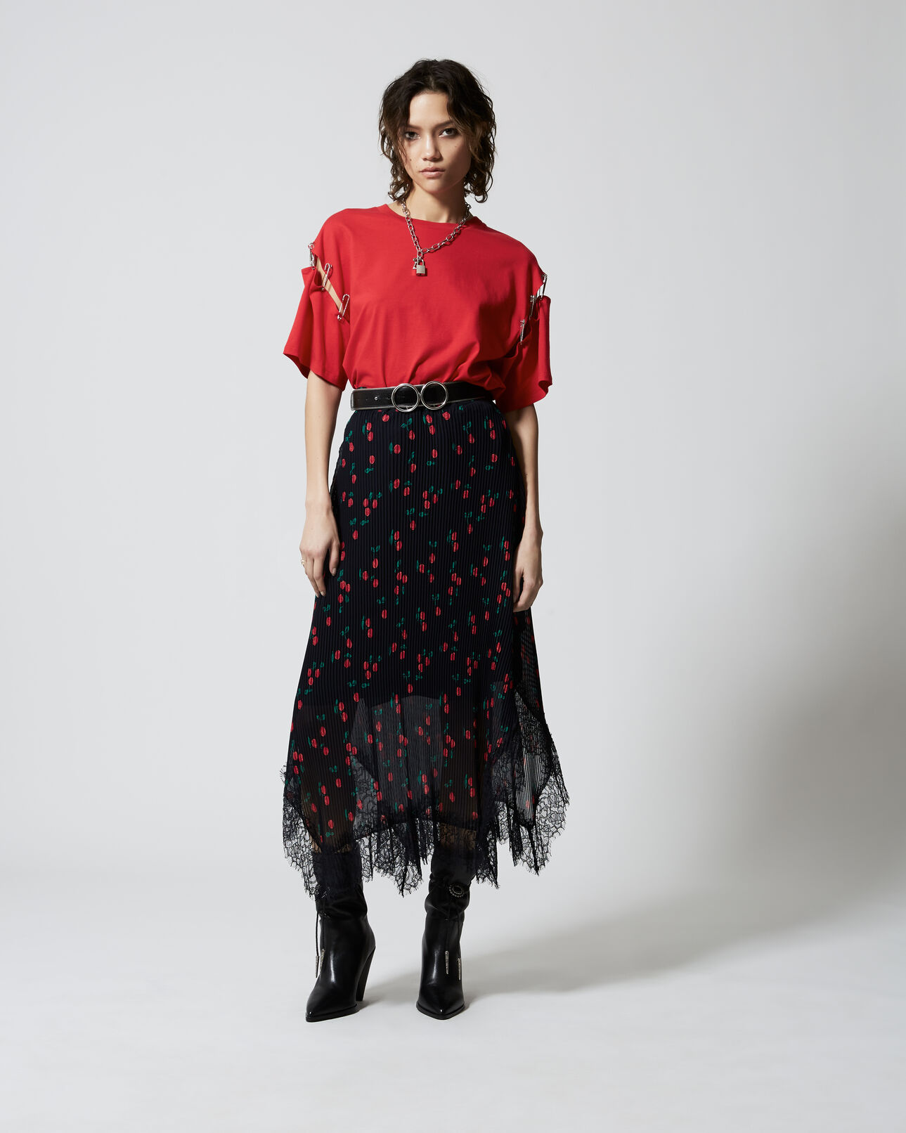The Kooples DAMEN NAVY mittellanger faltenrock mit spitze und print