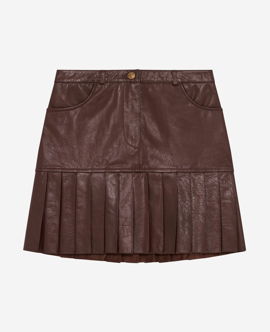The Kooples WOMEN EBENE short pleated skirt in brown leather