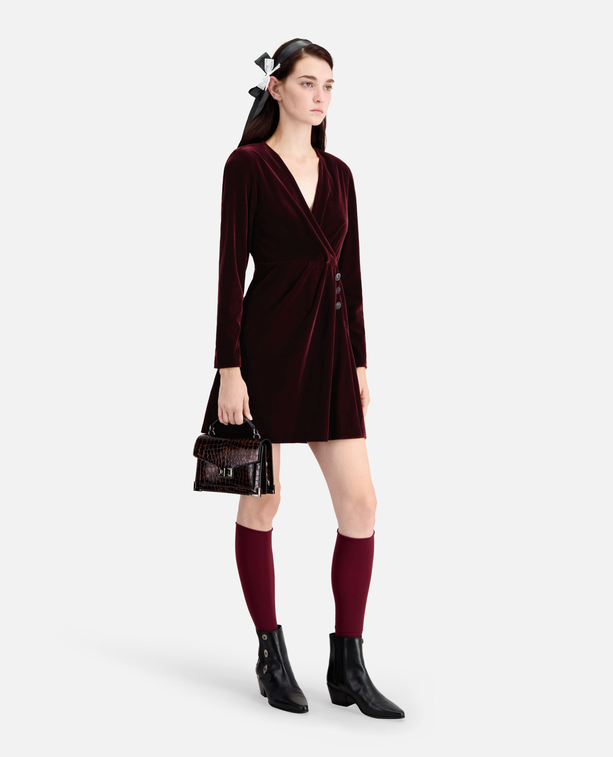 Short burgundy velvet dress, BURGUNDY, hi-res image number null