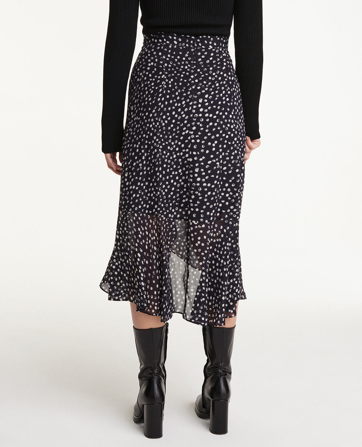 Long flowing navy blue skirt with polka dots The Kooples UK