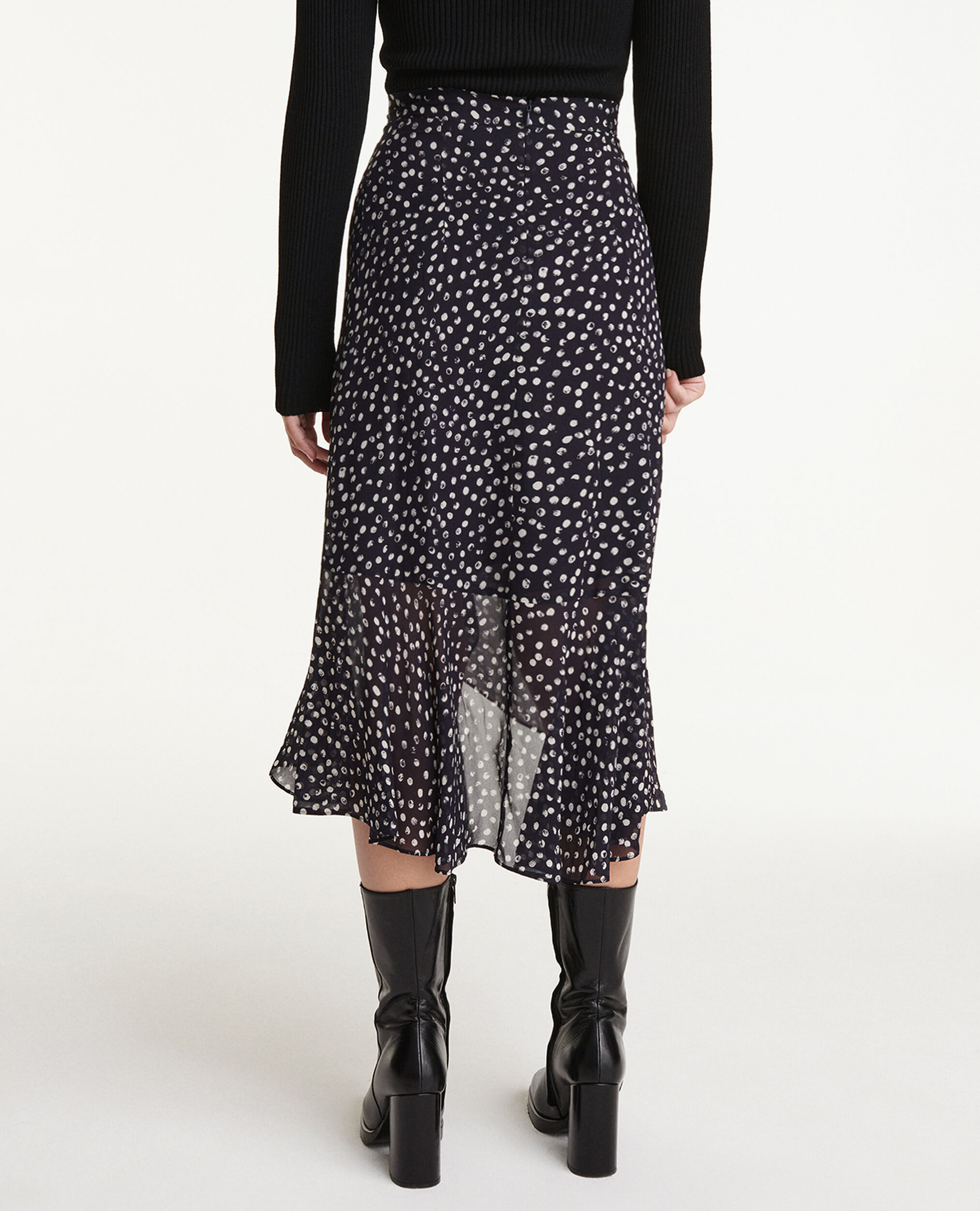 Long flowing navy blue skirt with polka dots, NAVY / WHITE, hi-res image number null