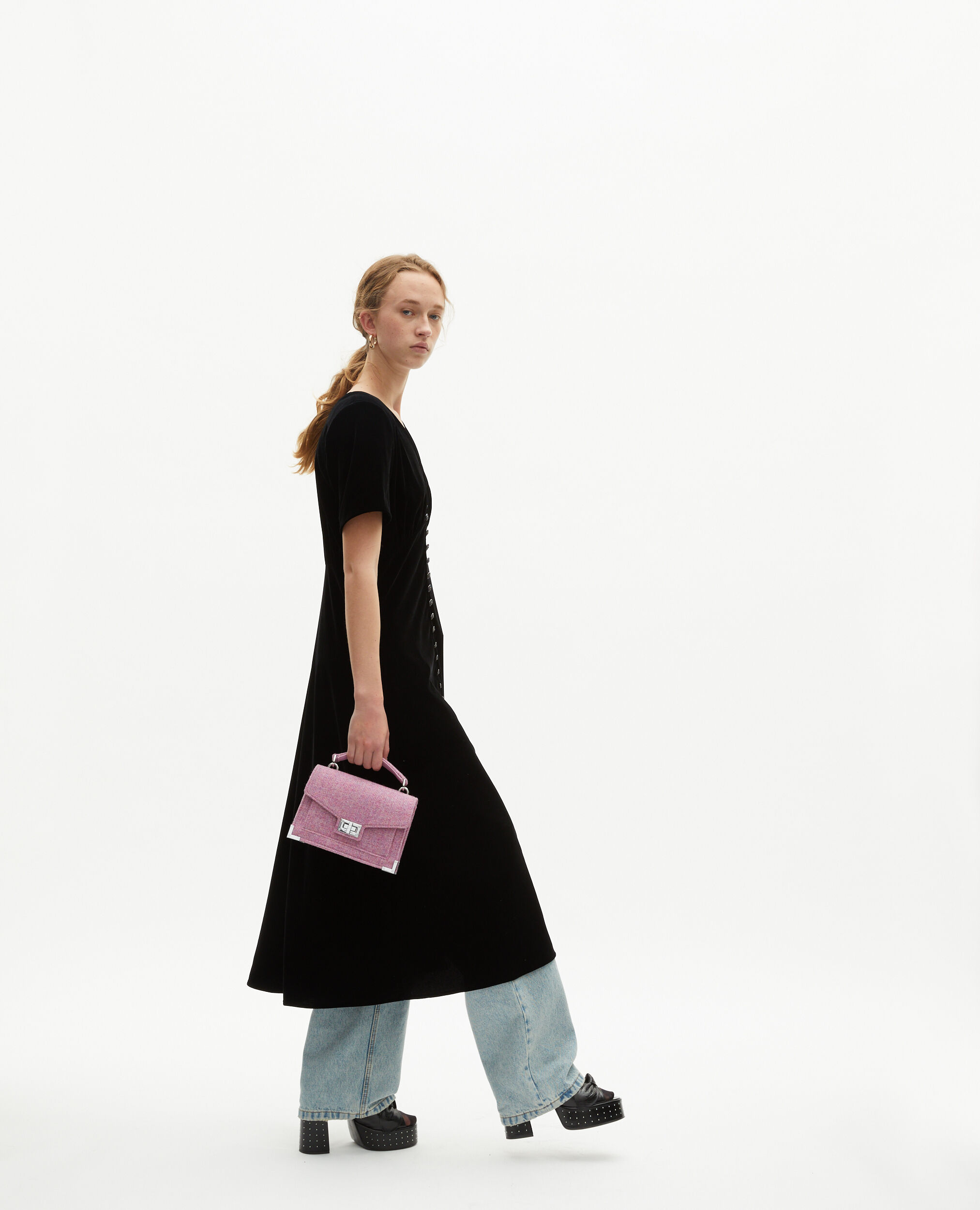 Vestido largo negro terciopelo botonadura, BLACK, hi-res image number null