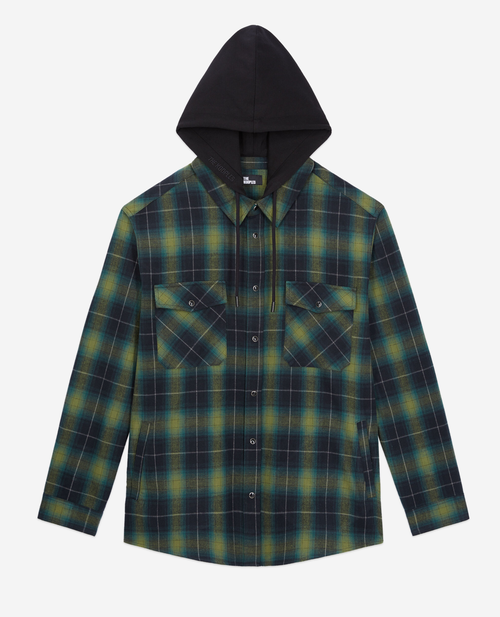 Black and green checked overshirt with hood, BLACK / GREEN, hi-res image number null