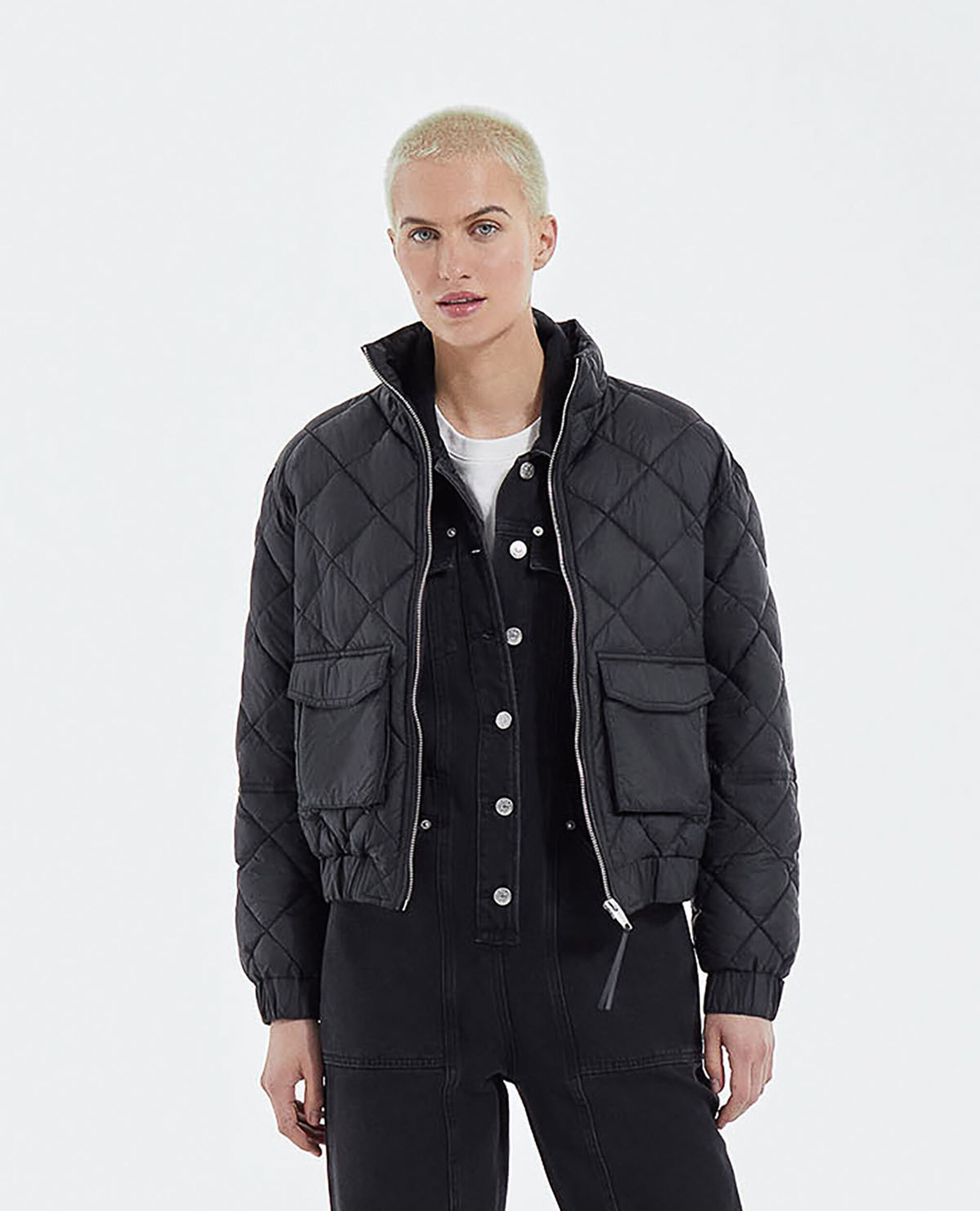 Zipped black quilted technical jacket, BLACK, hi-res image number null