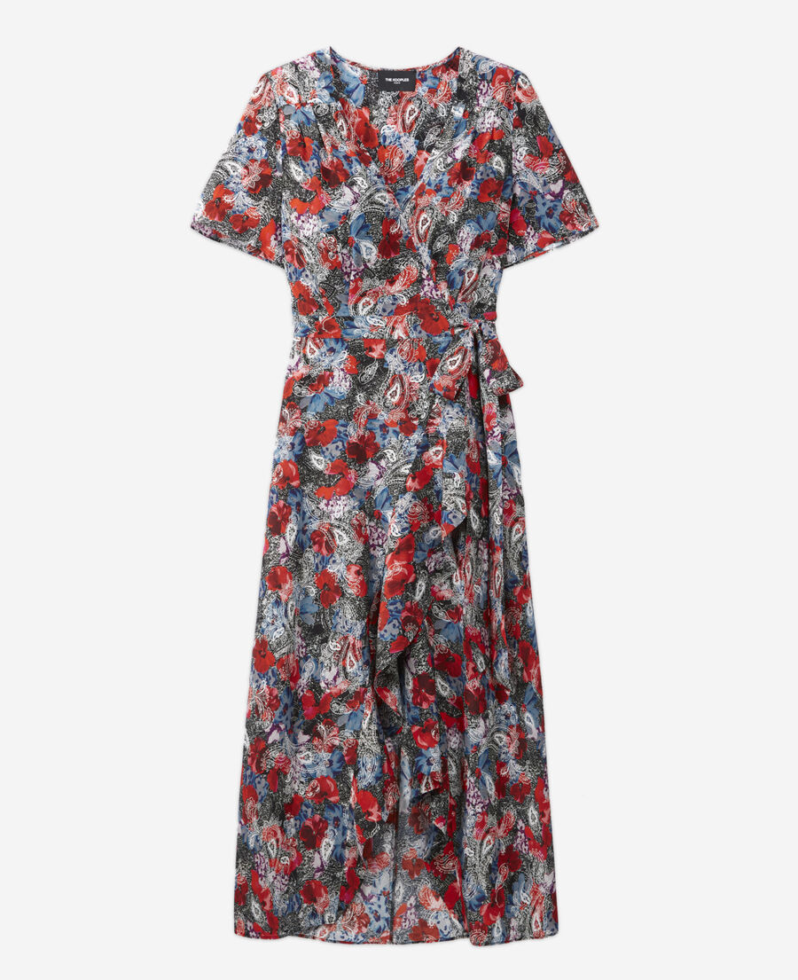 red silk dress with floral print
