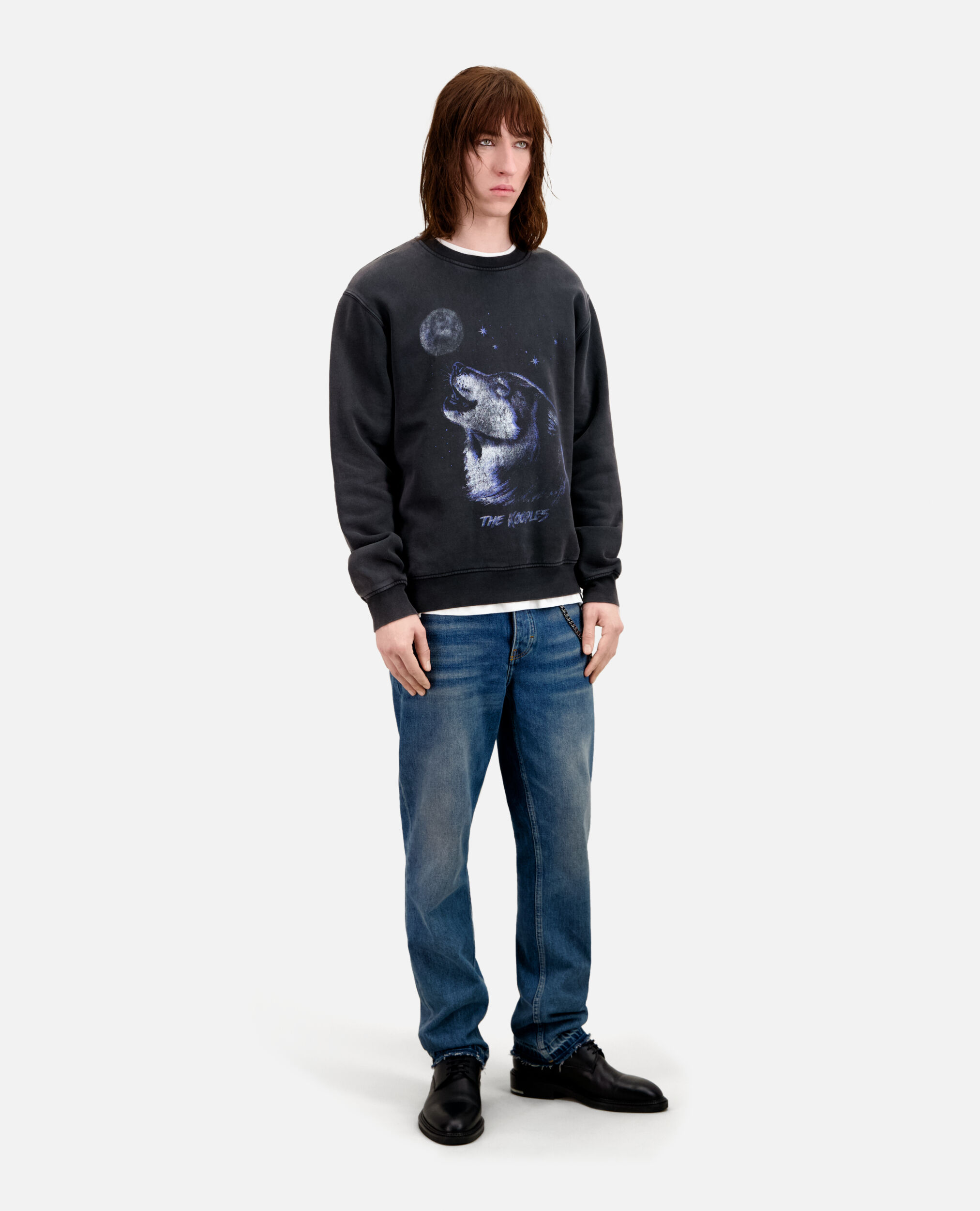 Men's Black sweatshirt with Wolf serigraphy, BLACK WASHED, hi-res image number null