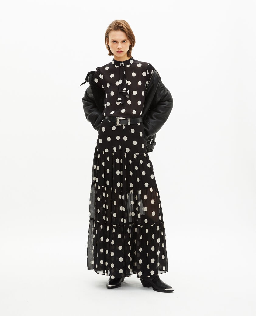 The Kooples FEMME BLACK WHITE top imprim&eacute; pois en soie m&eacute;lang&eacute;e noir