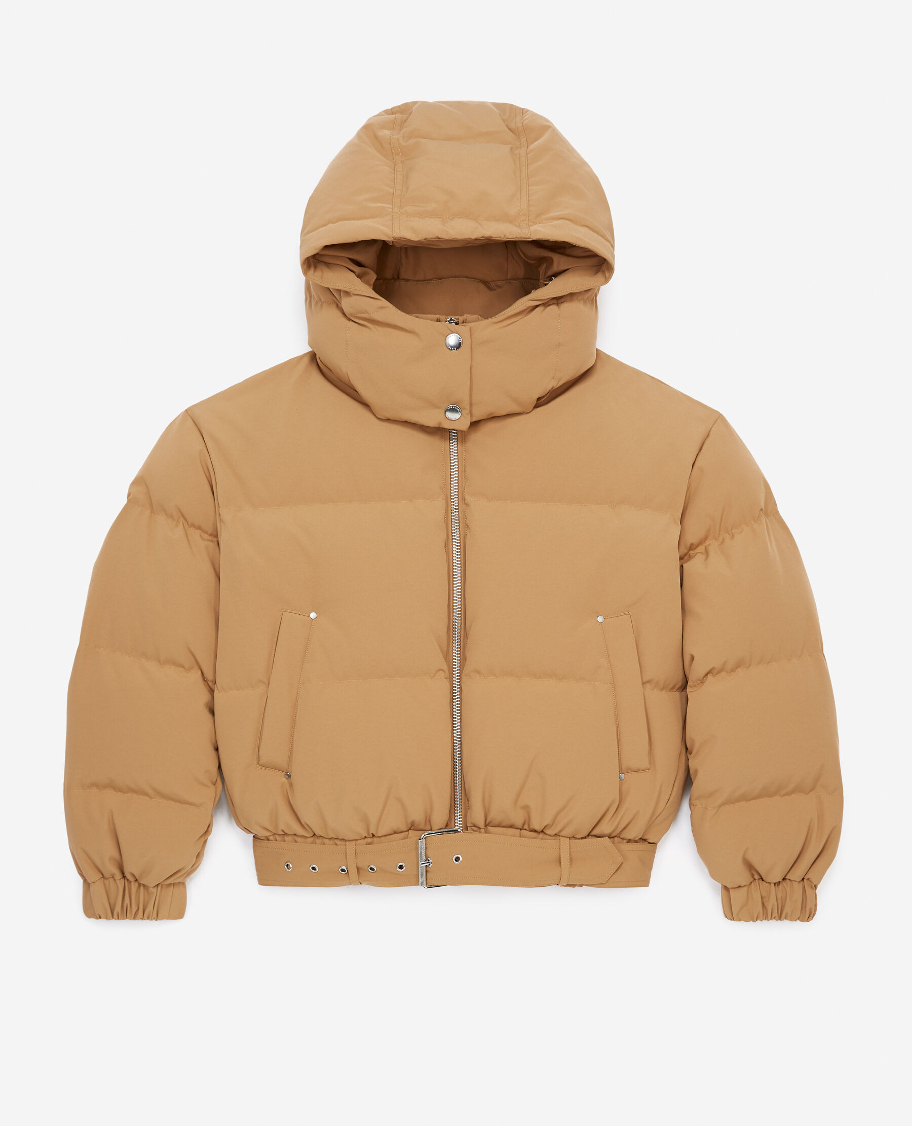 Quilted beige down jacket with belt The Kooples US