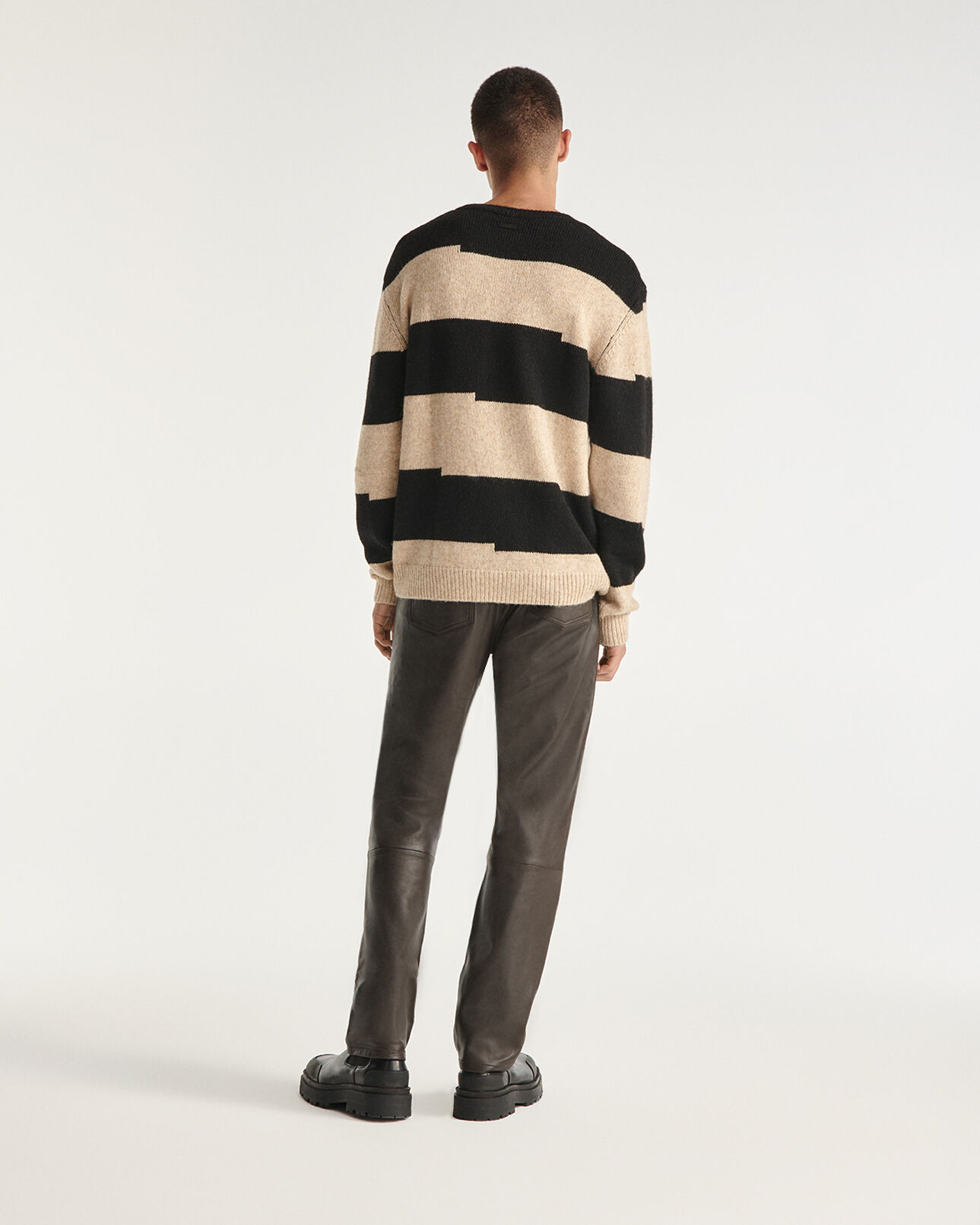 The Kooples HOMME BLACK BEIGE pull laine noir et beige à col rond