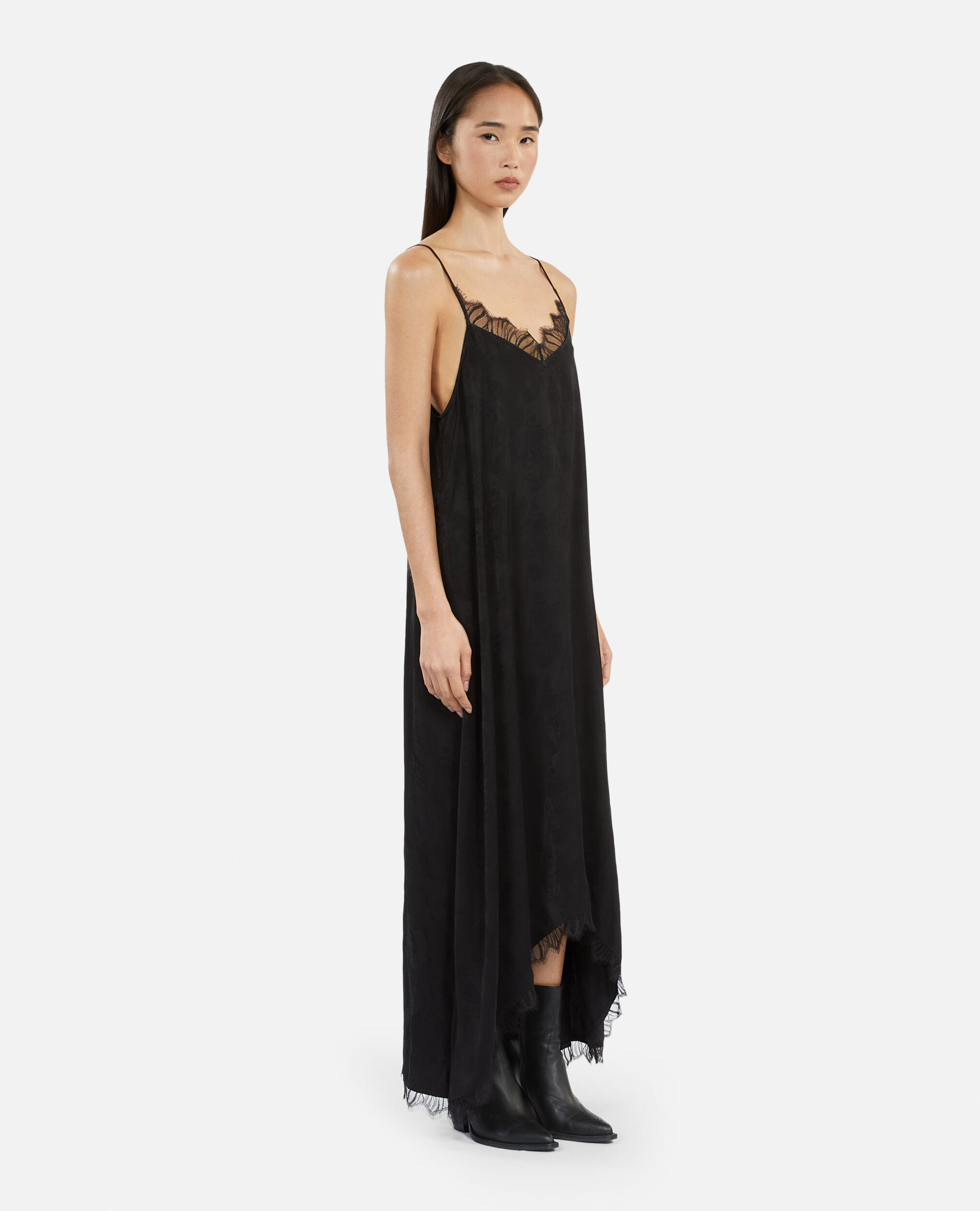 Long black floral jacquard slip dress, BLACK, hi-res image number null