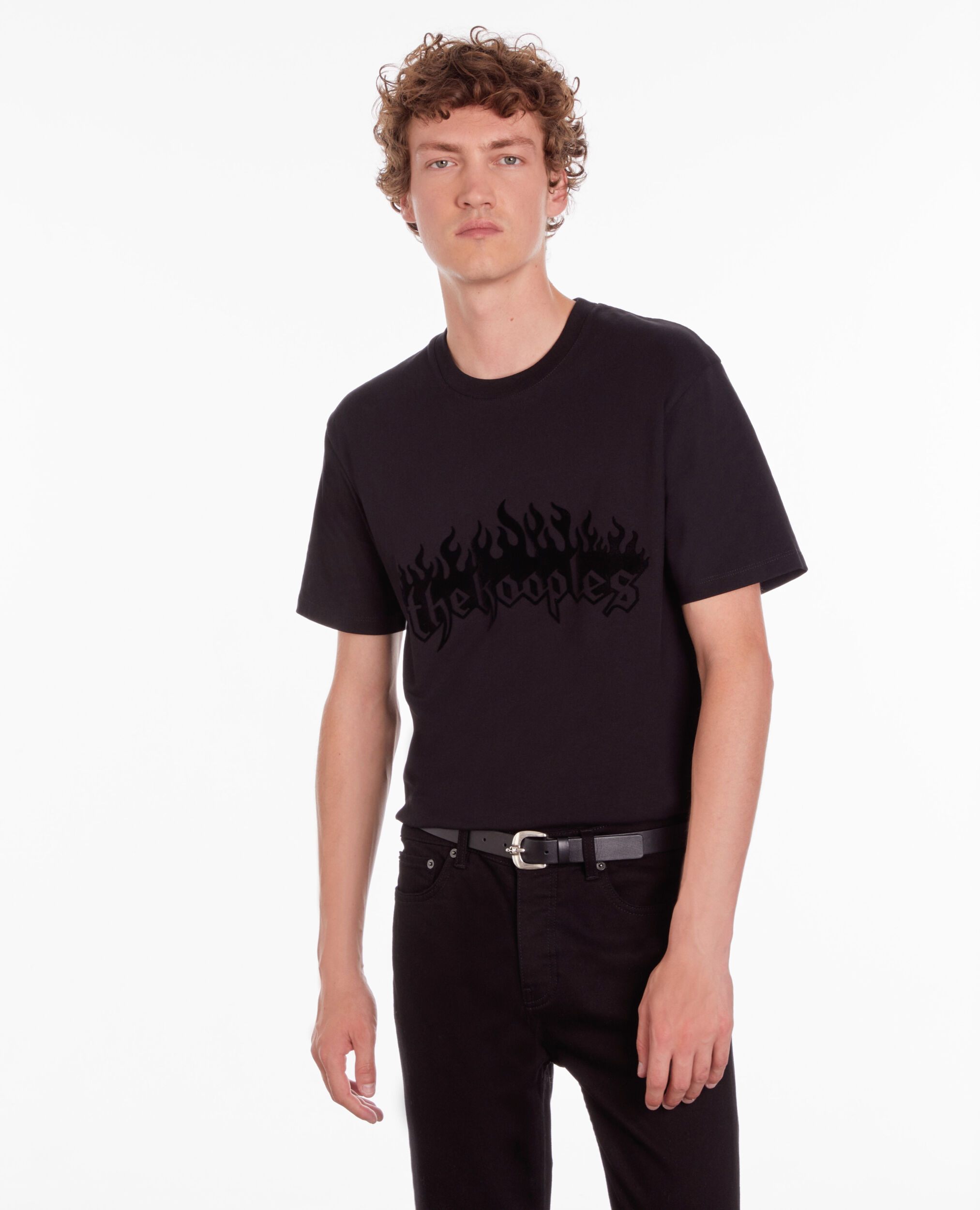Men's black t-shirt with kooples on fire velvet flocking, BLACK, hi-res image number null