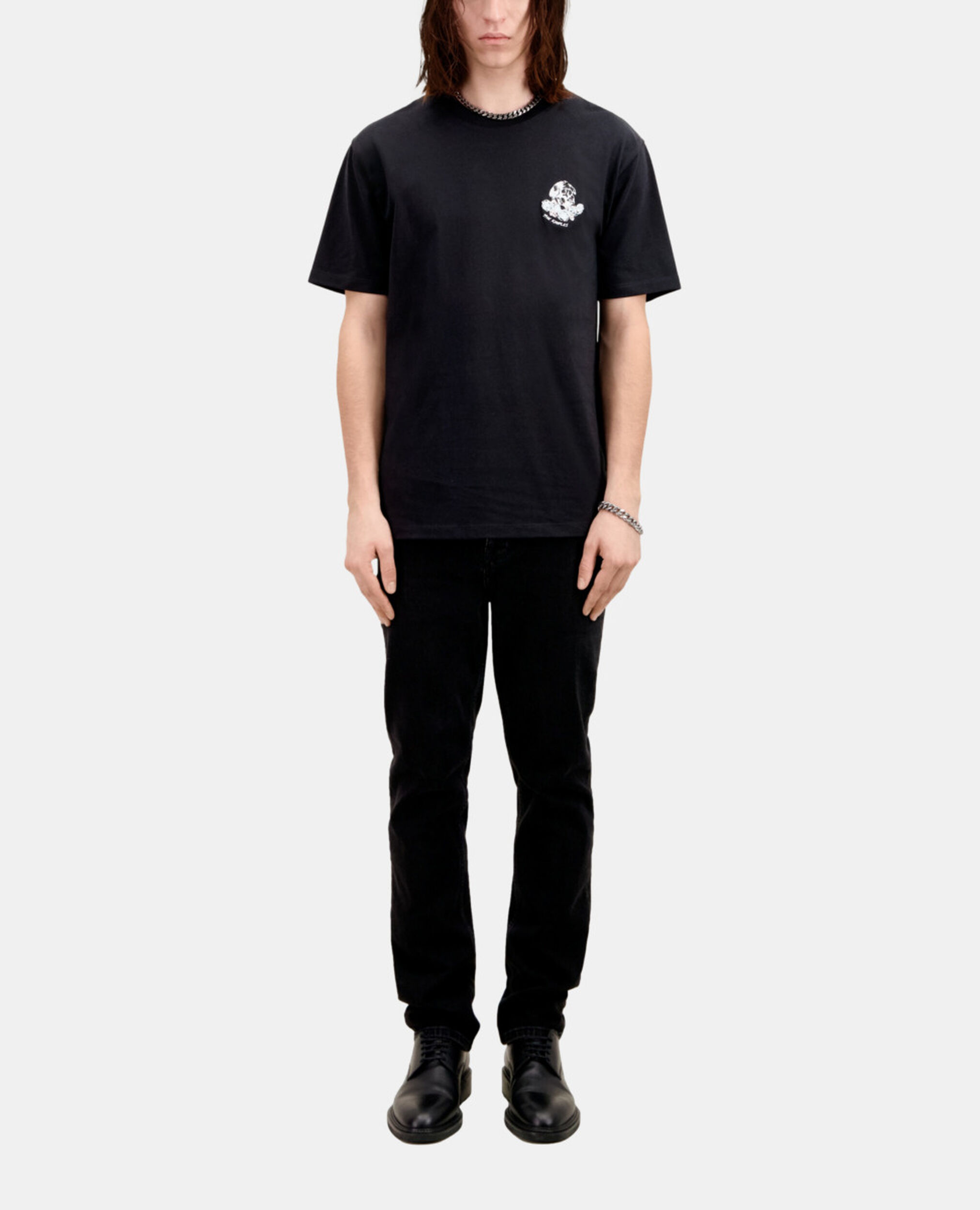 Men's black t-shirt with vintage skull embroidery, BLACK, hi-res image number null