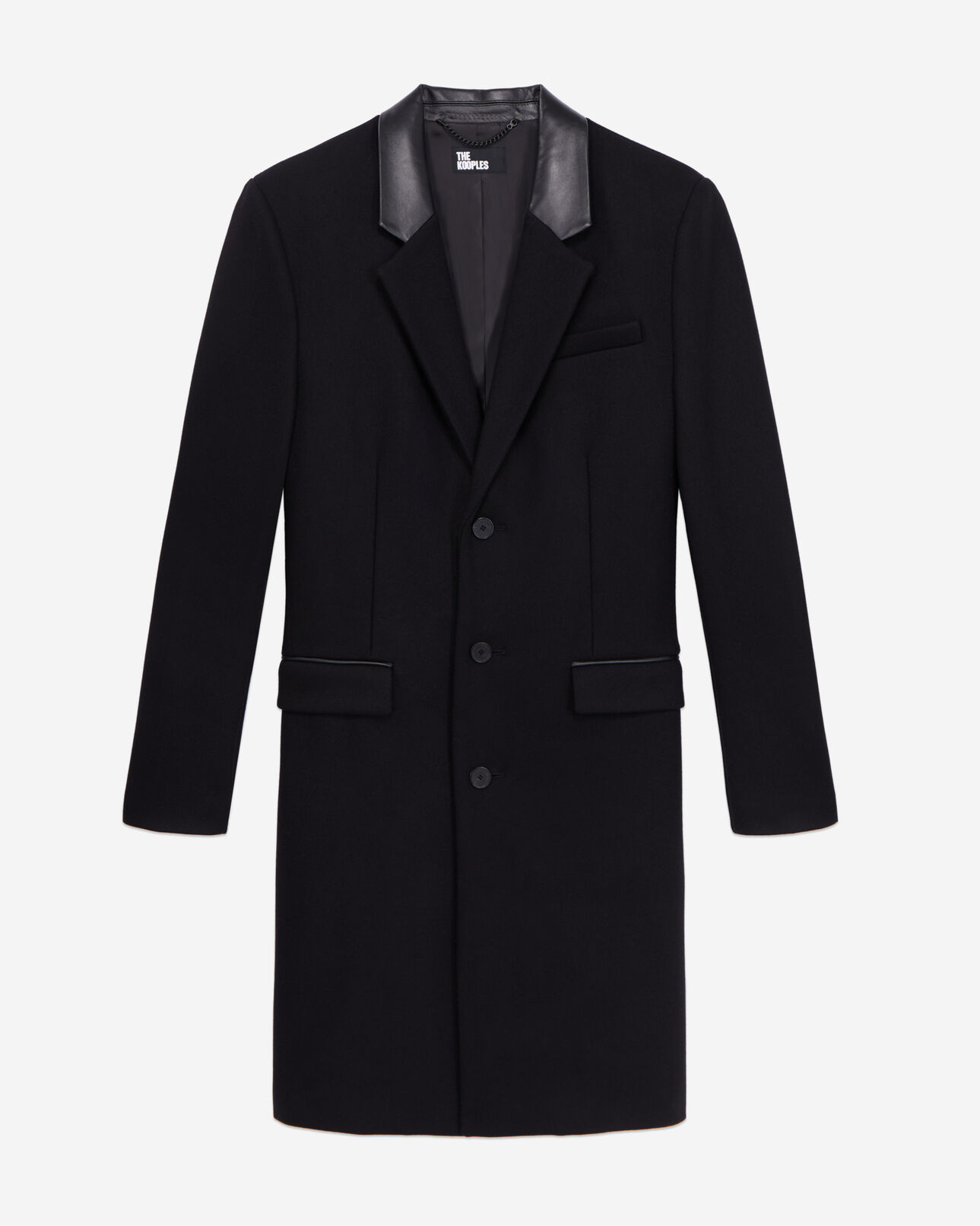 The Kooples HOMME BLACK manteau noir long en mélange de laine avec détails en cuir
