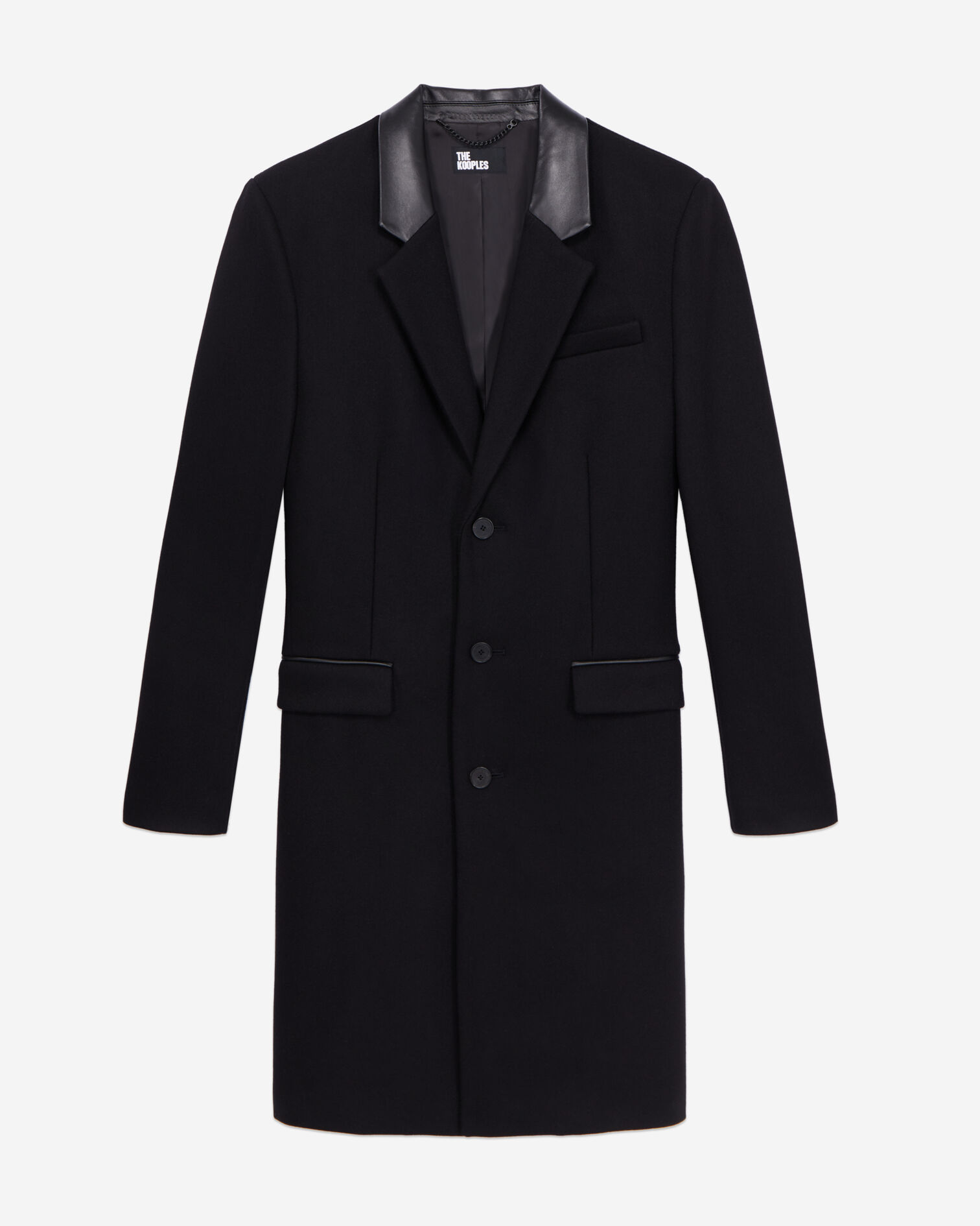 Manteau noir long en mélange de laine avec détails en cuir, BLACK, hi-res image number null