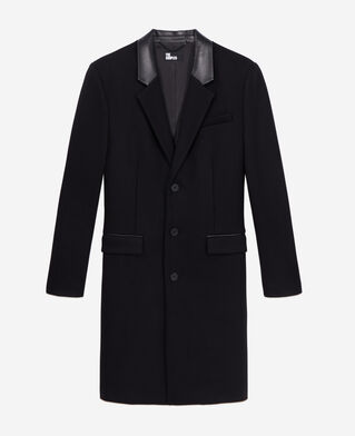 The Kooples H BLACK long black coat in wool blend with leather details