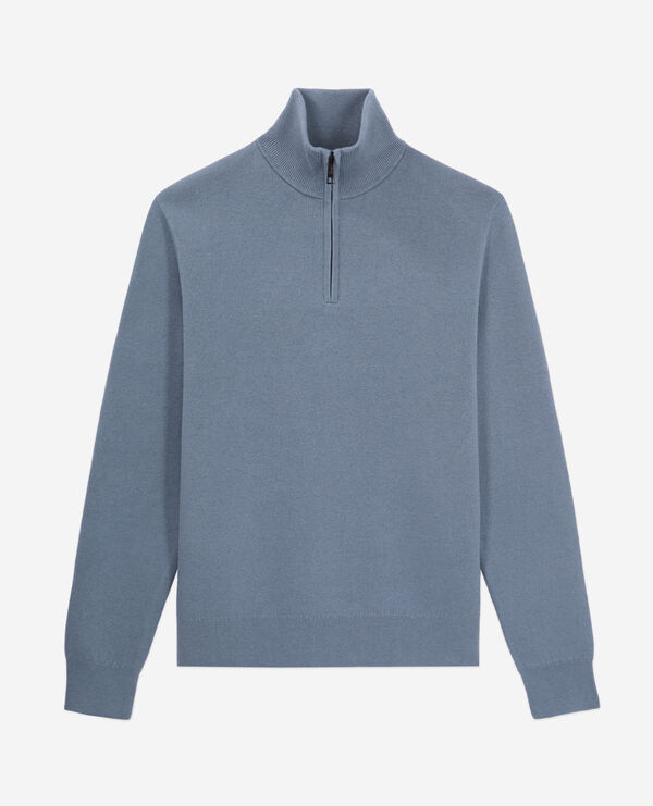 blue sweater with debossed logo