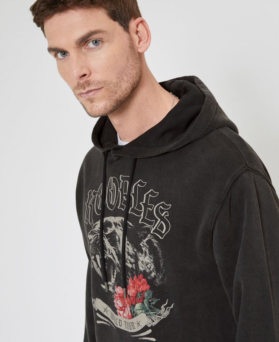 The Kooples MEN BLACK WASHED hooded sweatshirt with panther silkscreen print in black