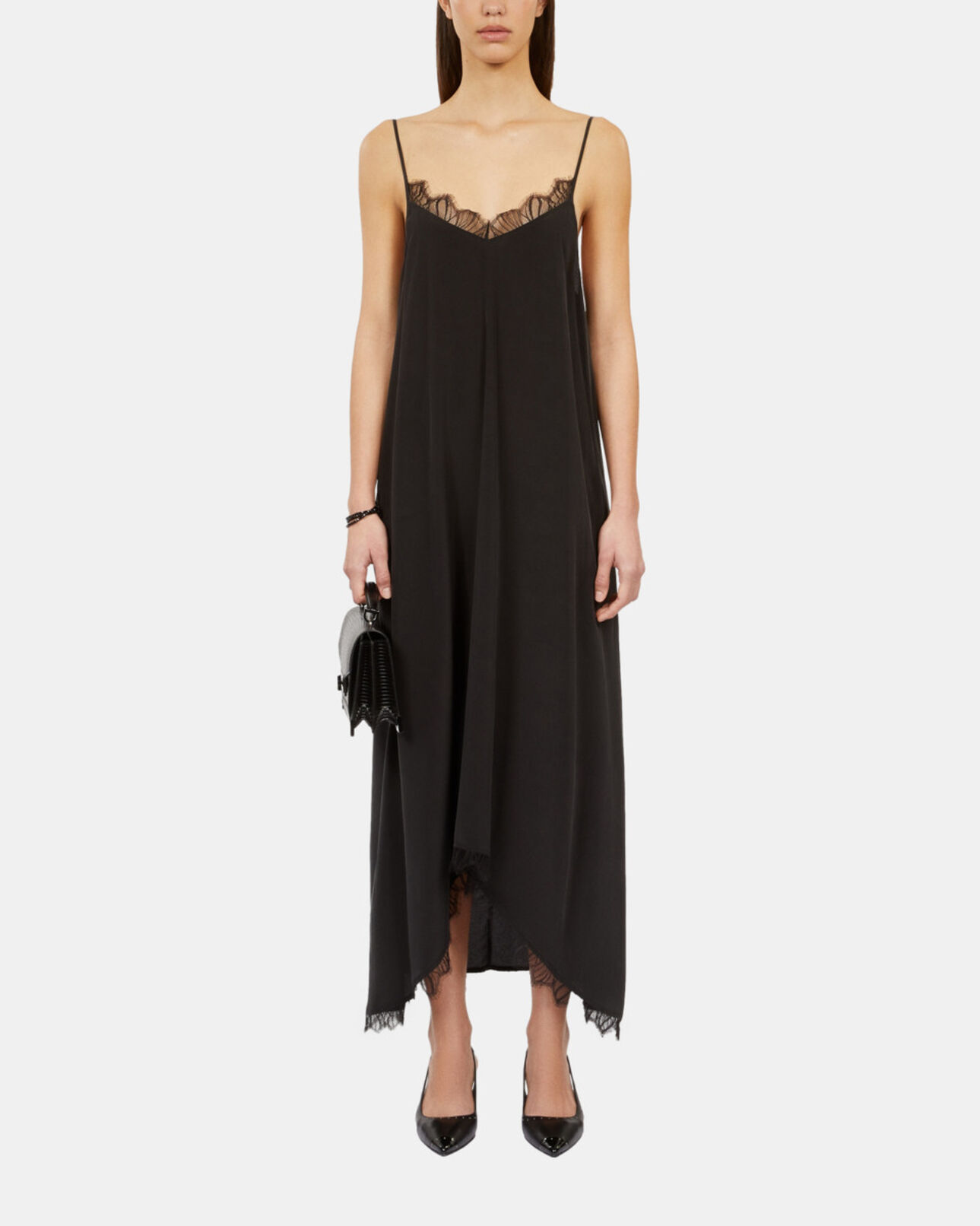 The Kooples WOMEN BLACK long black slip dress in washed silk
